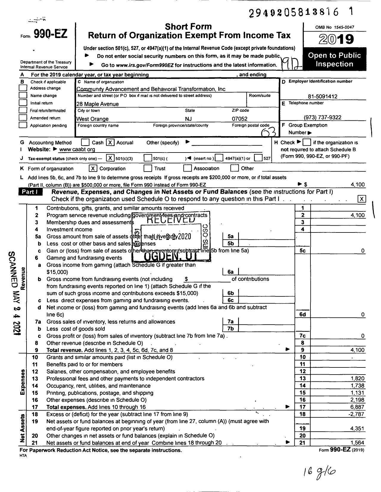 Image of first page of 2019 Form 990EZ for Community Advancement and Behavioral Transformation