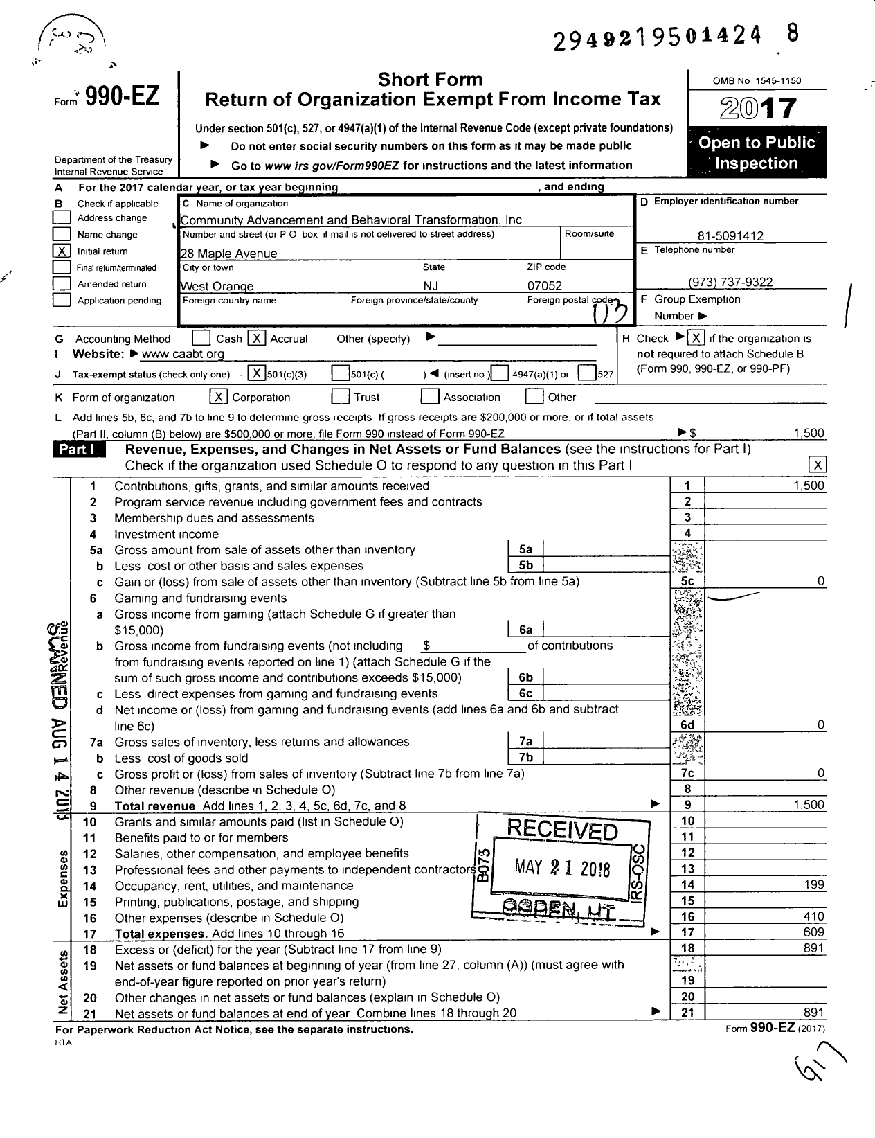 Image of first page of 2017 Form 990EZ for Community Advancement and Behavioral Transformation