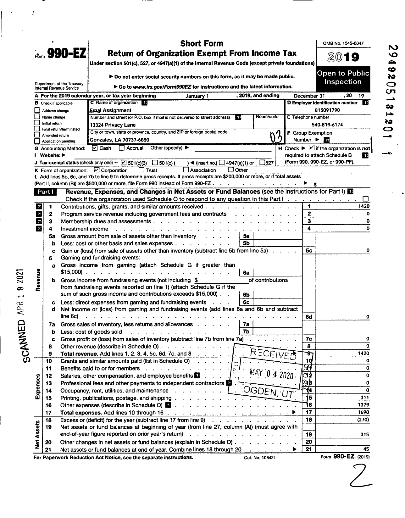 Image of first page of 2019 Form 990EZ for Final Assignment