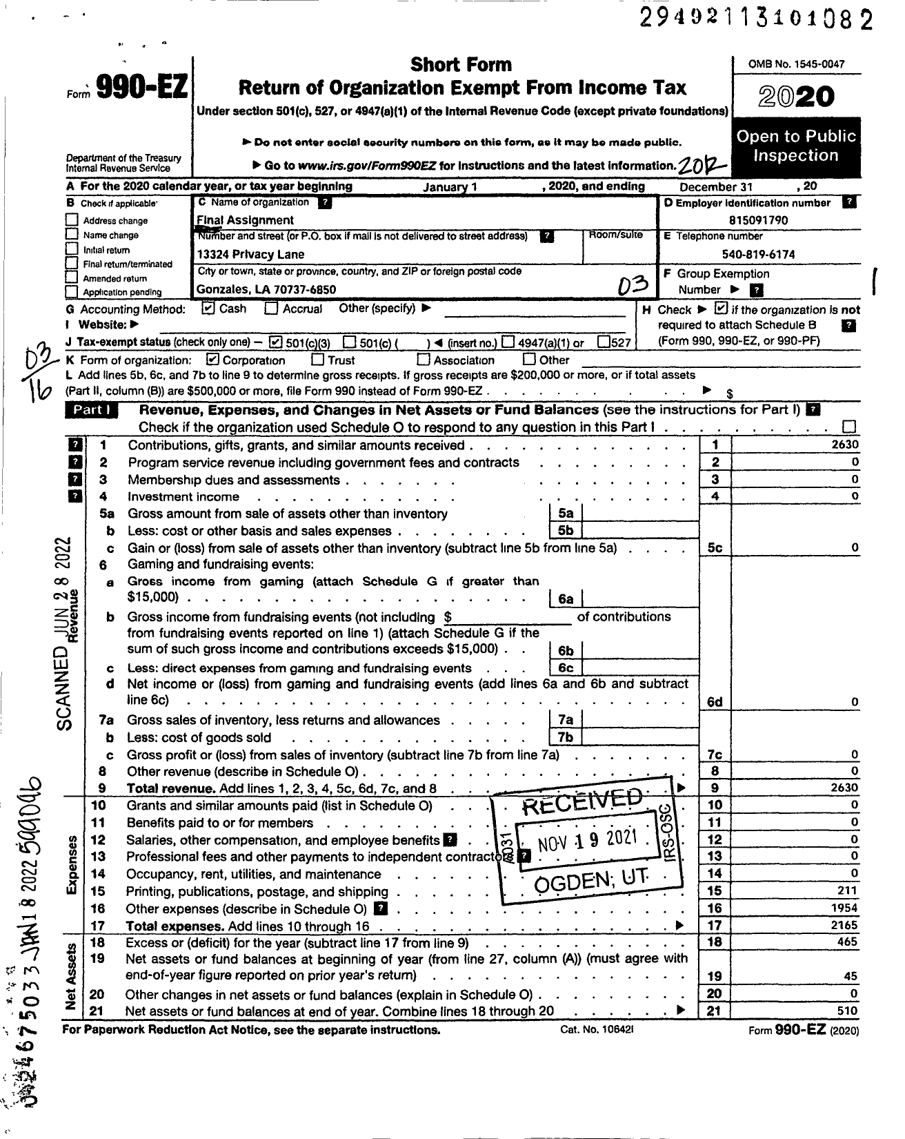 Image of first page of 2020 Form 990EZ for Final Assignment