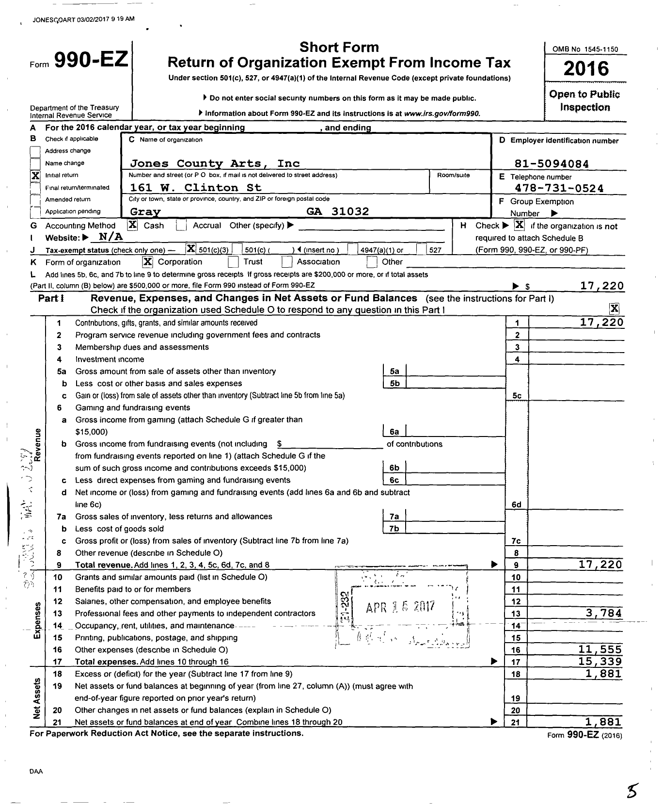 Image of first page of 2016 Form 990EZ for Jones County Arts