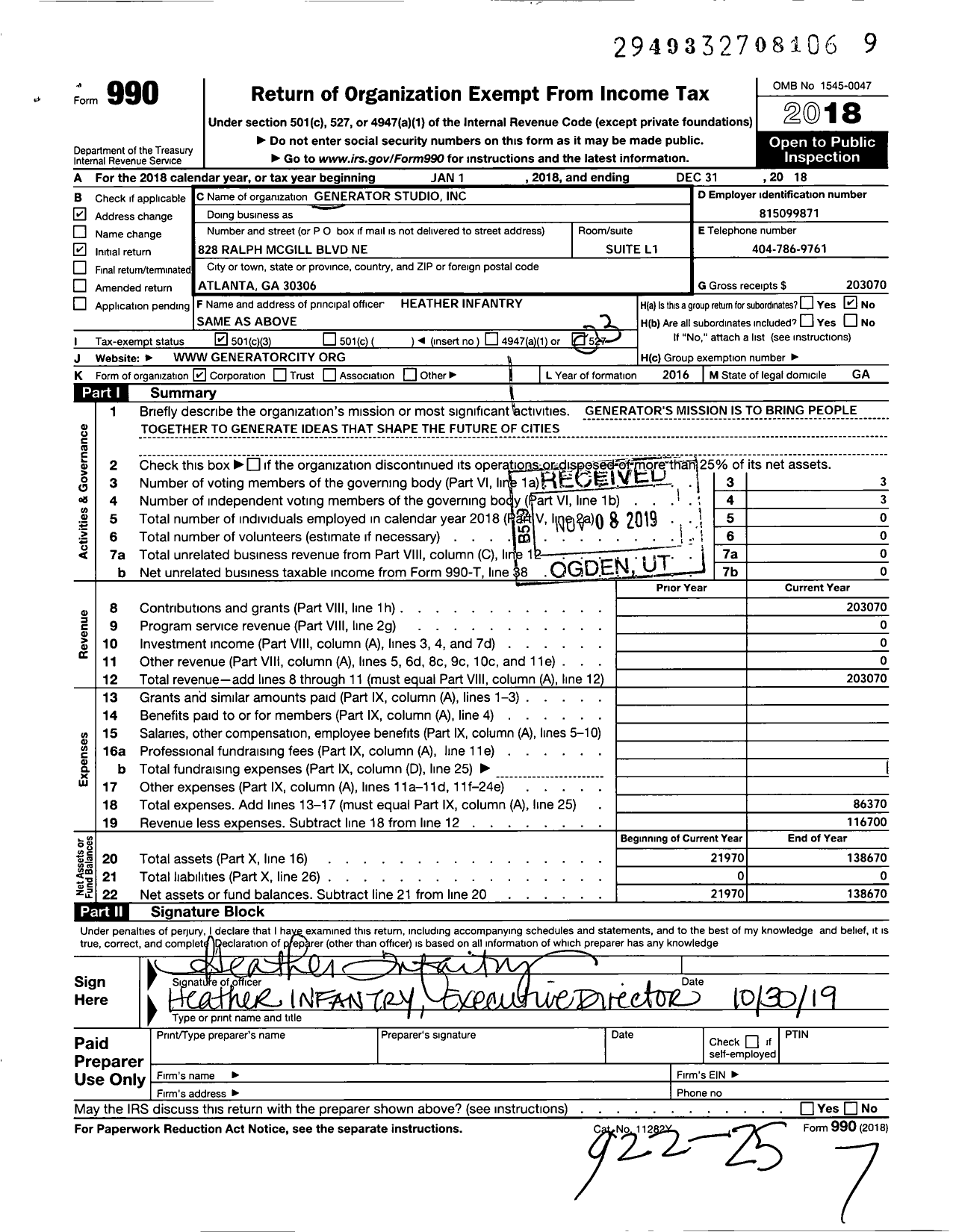 Image of first page of 2018 Form 990 for Generator Studio