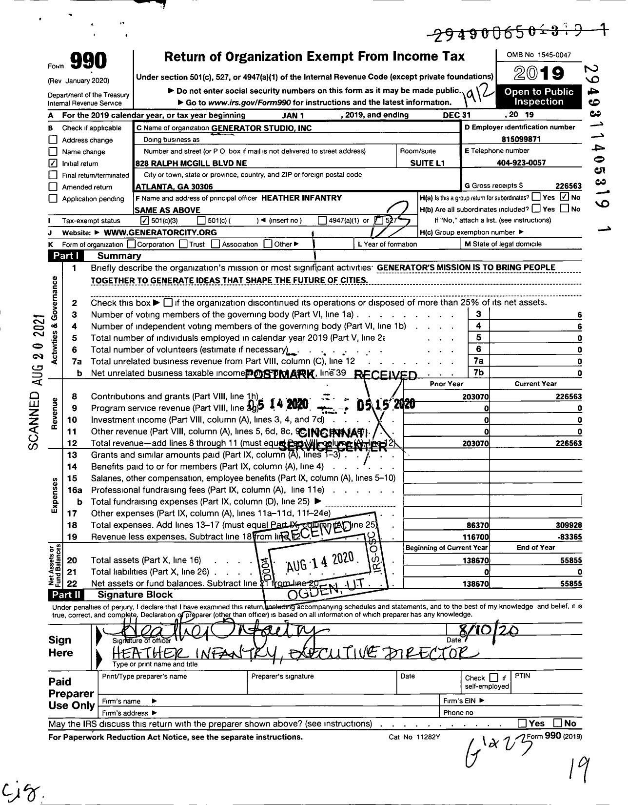 Image of first page of 2019 Form 990 for Generator Studio