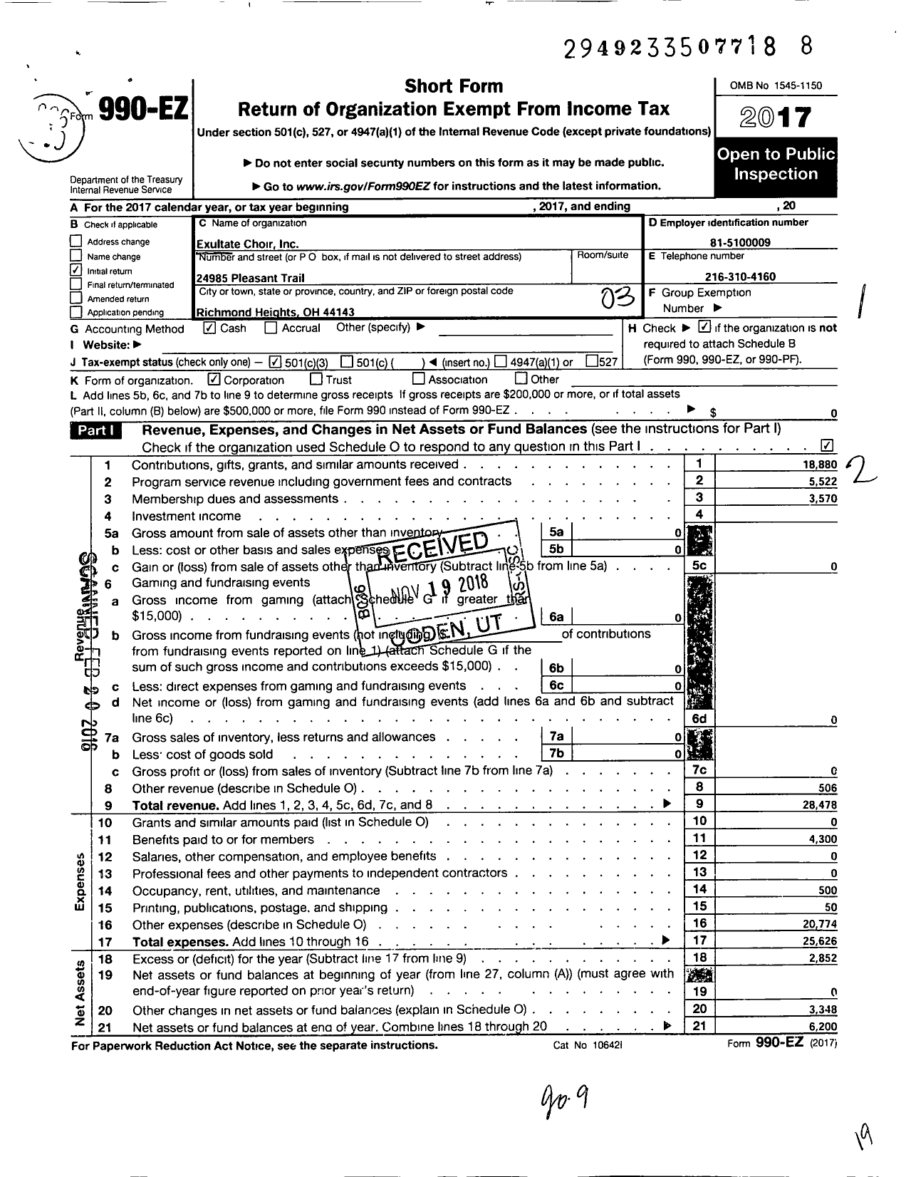 Image of first page of 2017 Form 990EZ for Exultate Choir