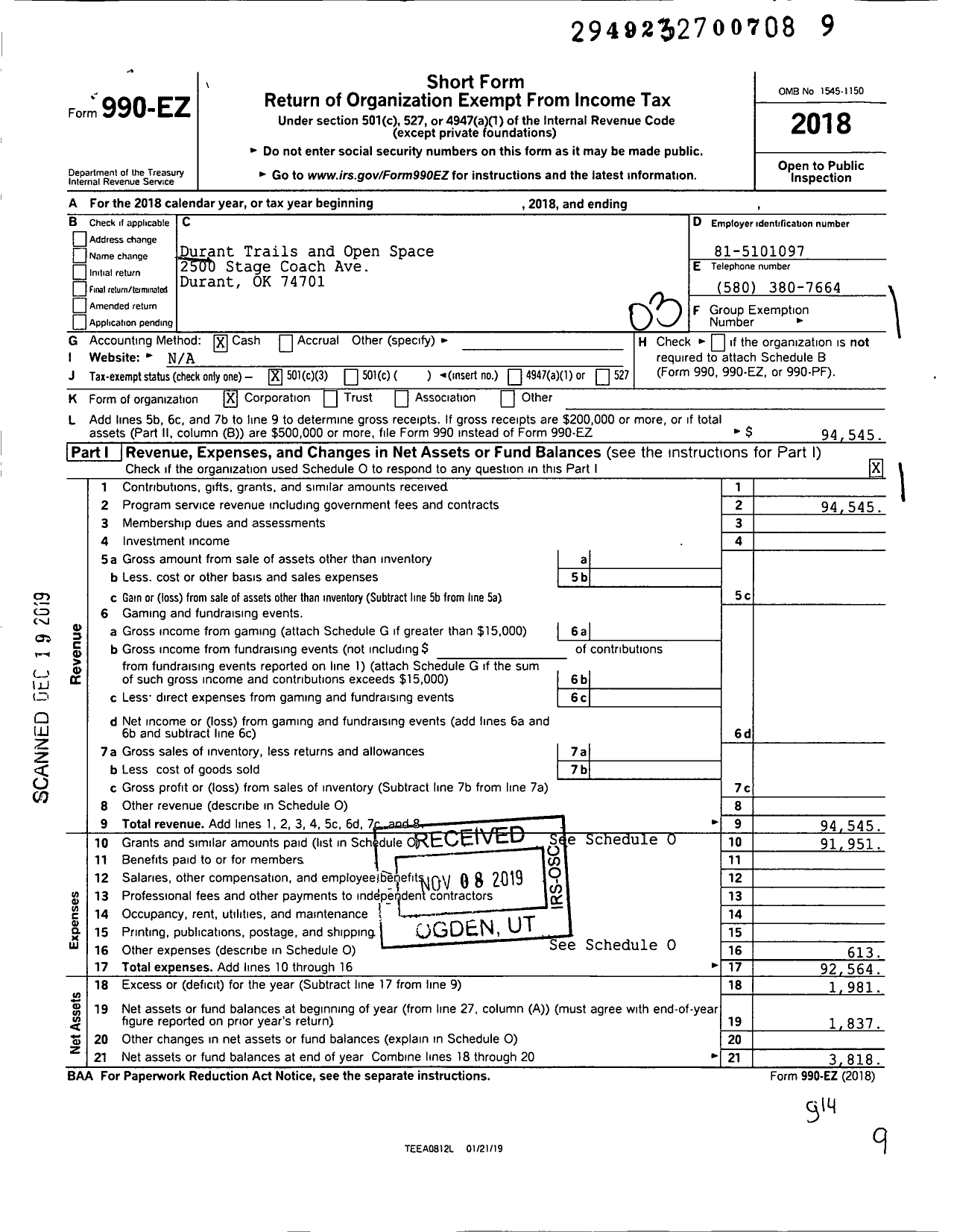 Image of first page of 2018 Form 990EZ for Durant Trails and Open Space