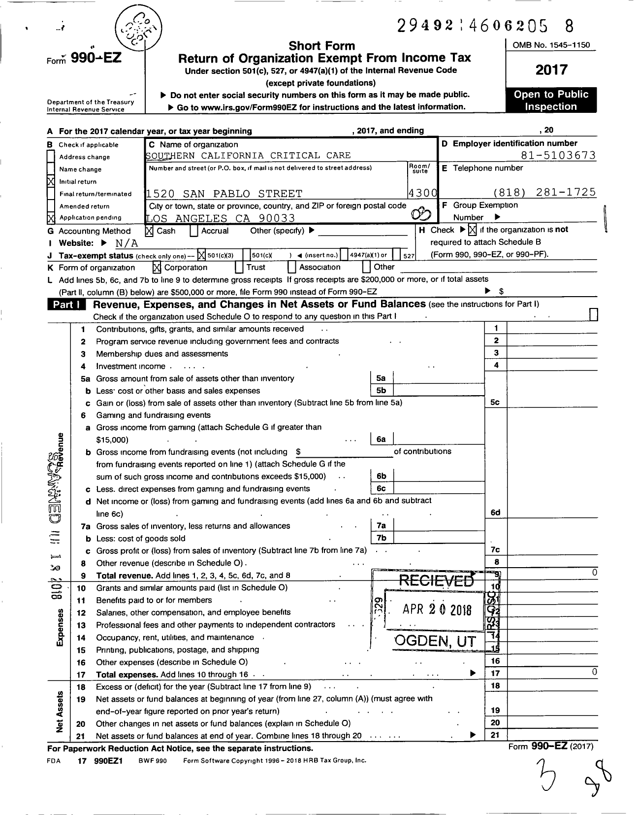 Image of first page of 2017 Form 990EZ for Society of Critical Care Medicine / Southern California Chapter