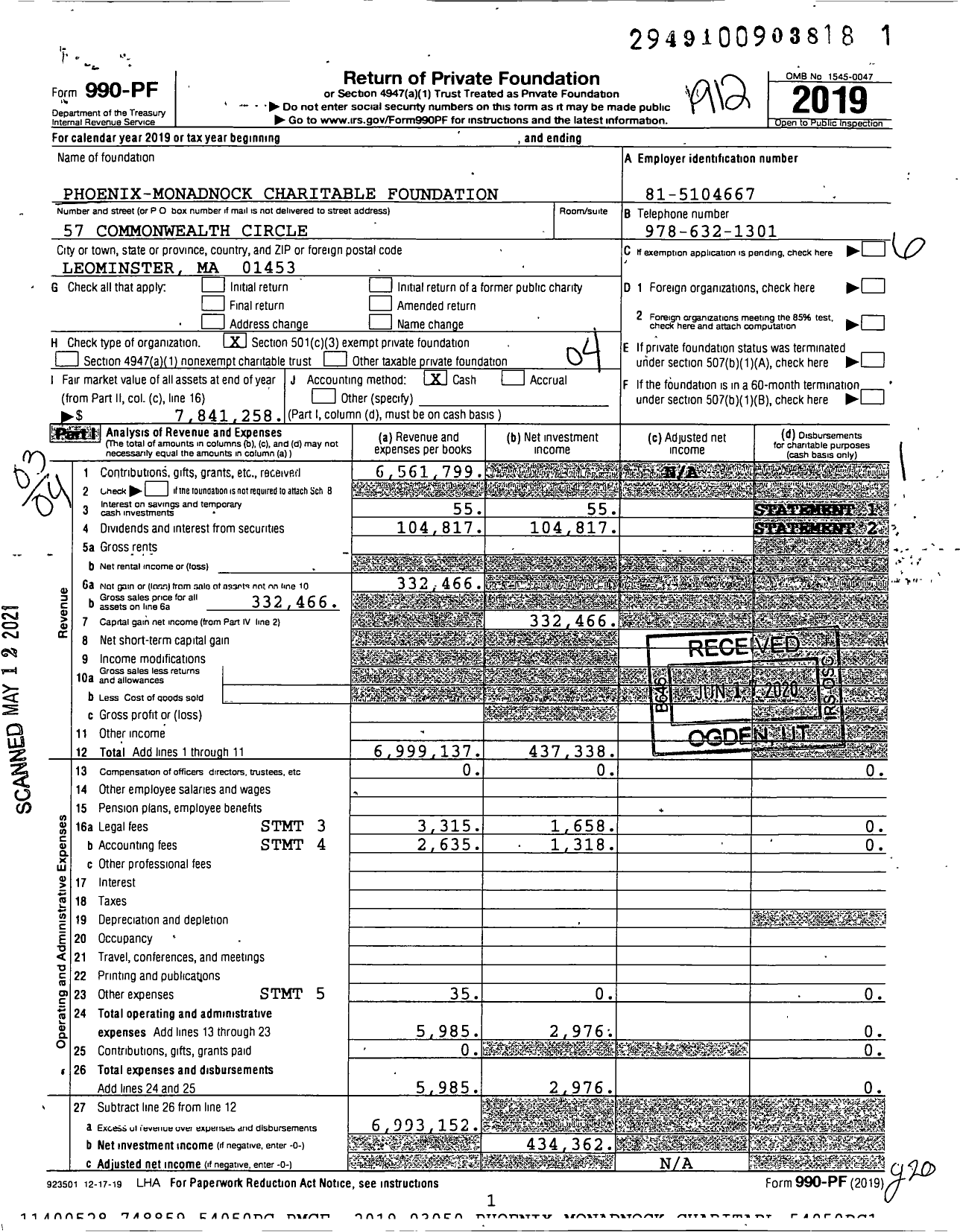 Image of first page of 2019 Form 990PF for Phoenix-Monadnock Charitable Foundation