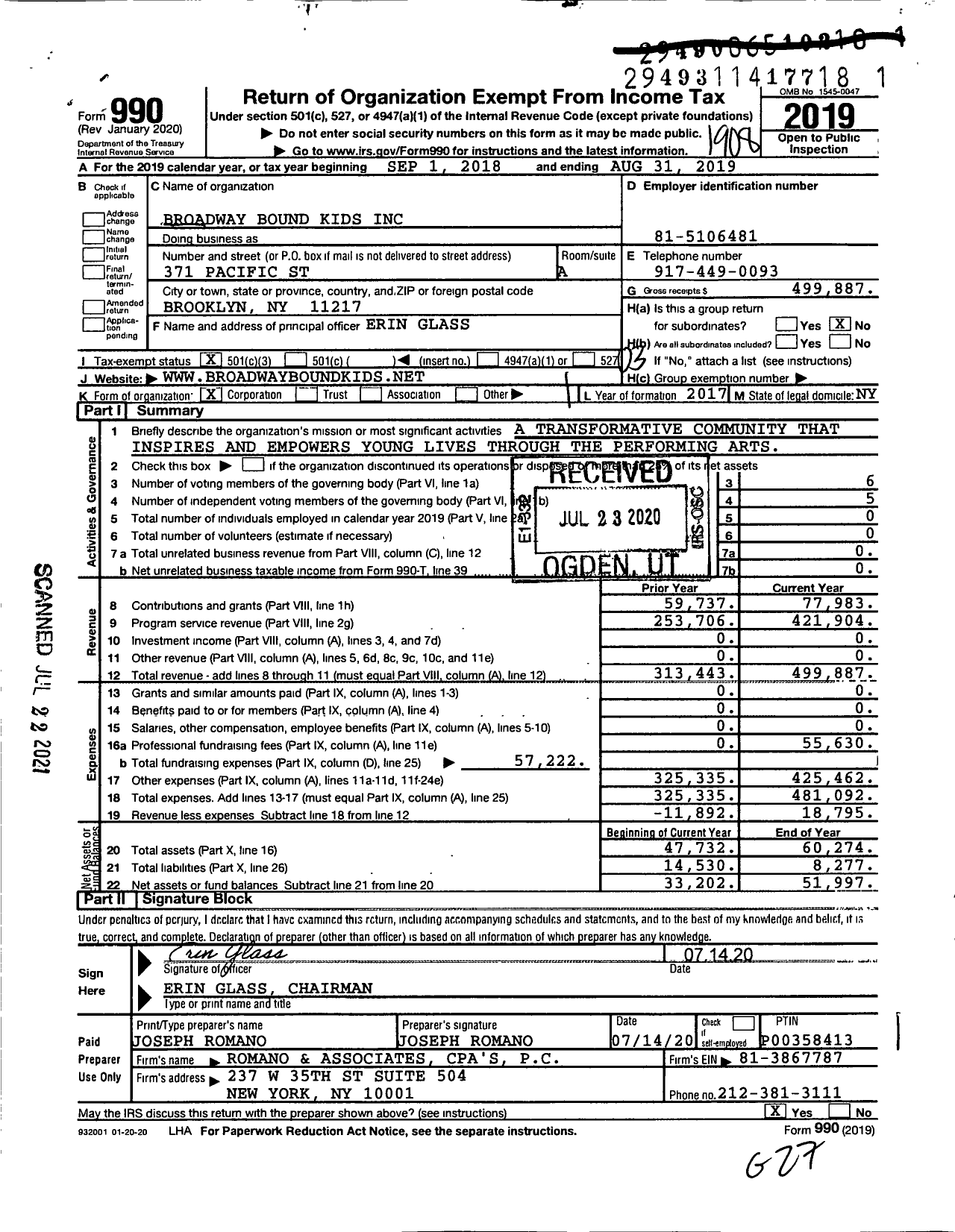 Image of first page of 2018 Form 990 for Broadway Bound Kids