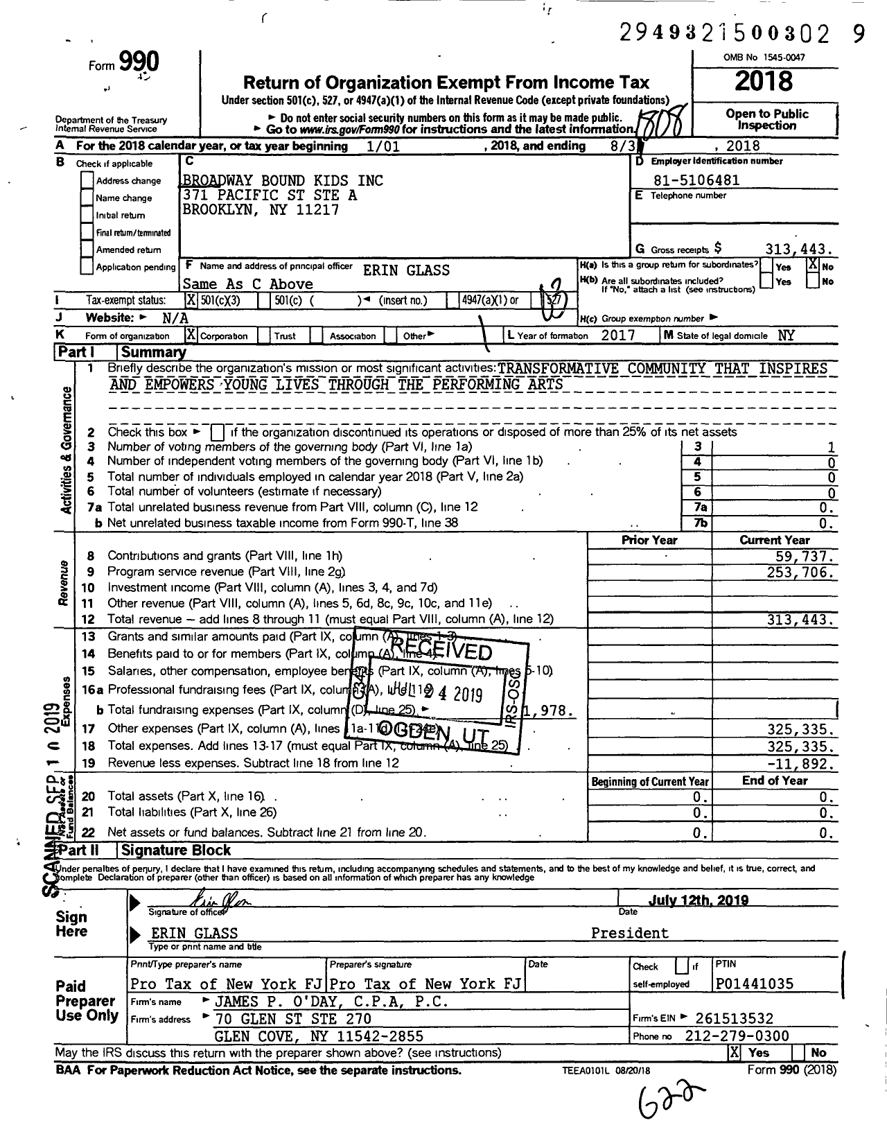 Image of first page of 2017 Form 990 for Broadway Bound Kids