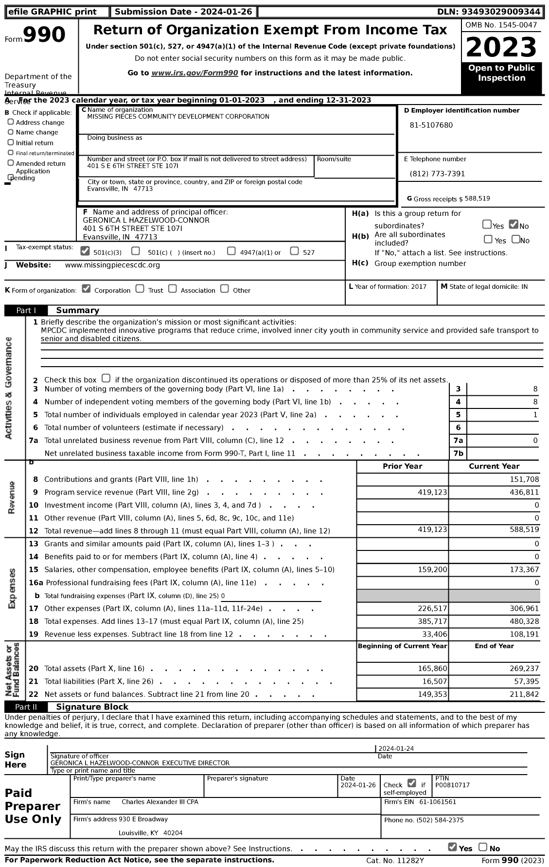 Image of first page of 2023 Form 990 for Missing Pieces Community Development Corporation