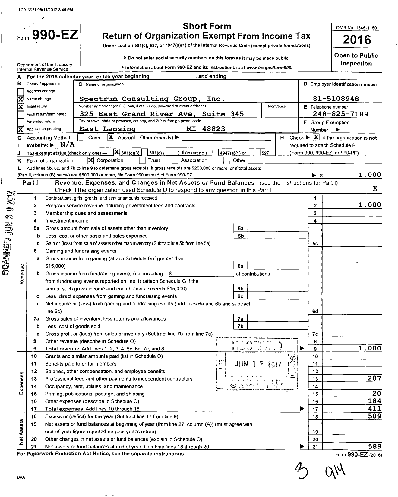 Image of first page of 2016 Form 990EZ for Spectrum Consulting Group