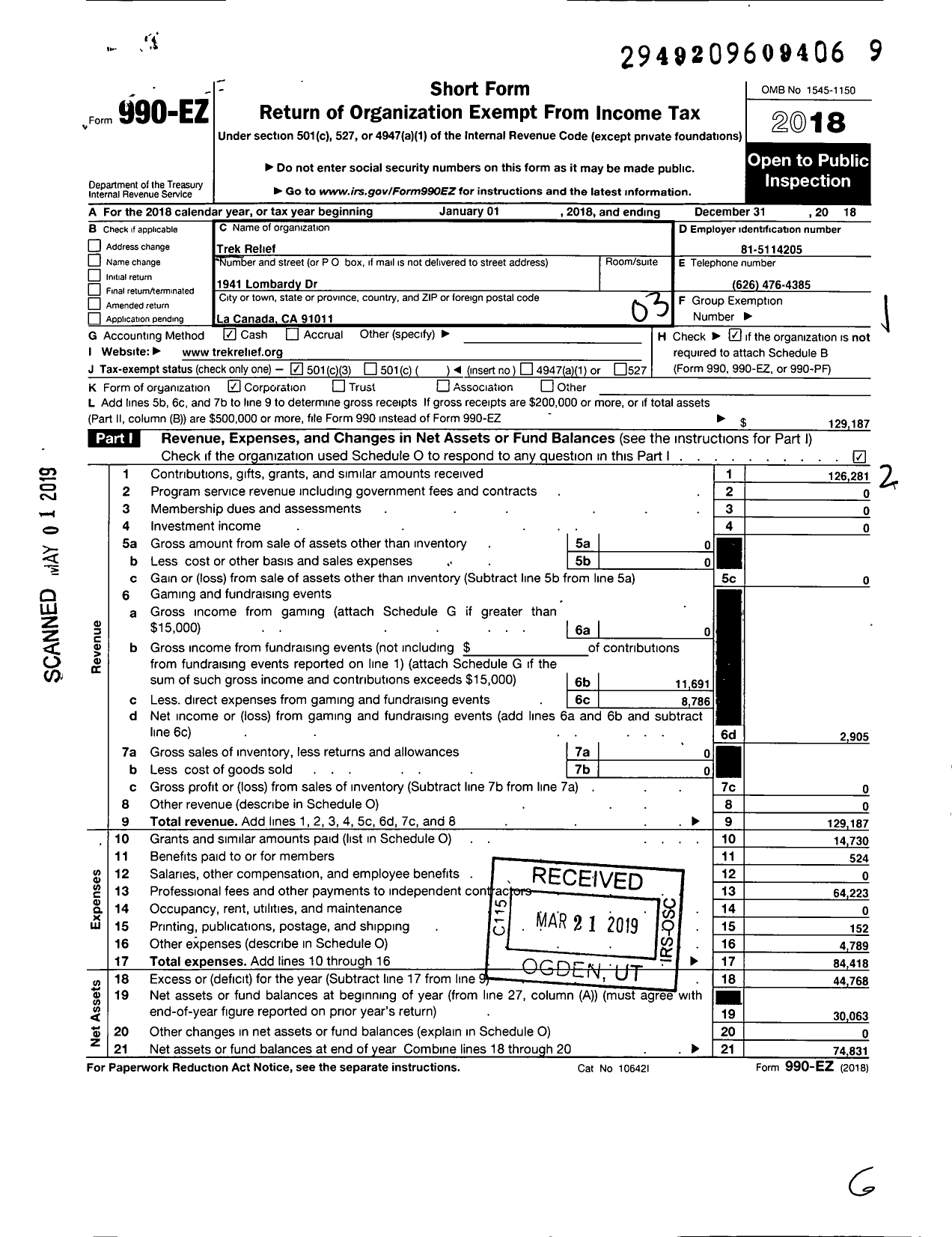 Image of first page of 2018 Form 990EZ for Trek Relief