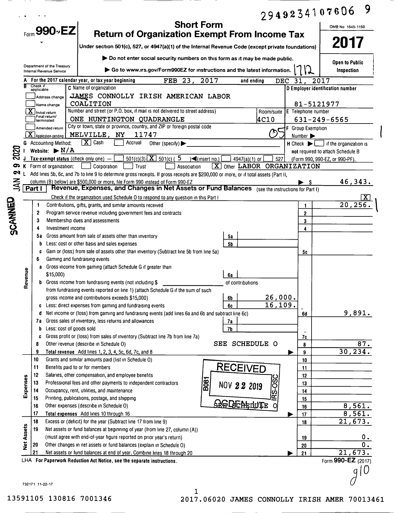 Image of first page of 2017 Form 990EO for James Connolly Irish American Labor Coalition