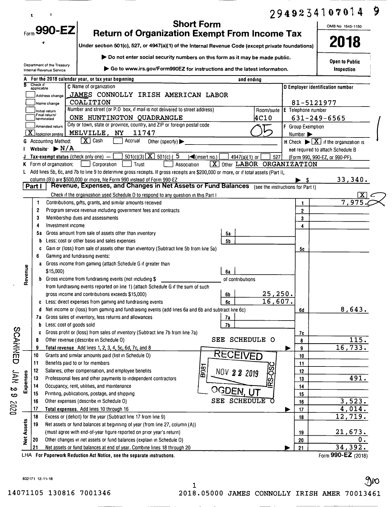 Image of first page of 2018 Form 990EO for James Connolly Irish American Labor Coalition