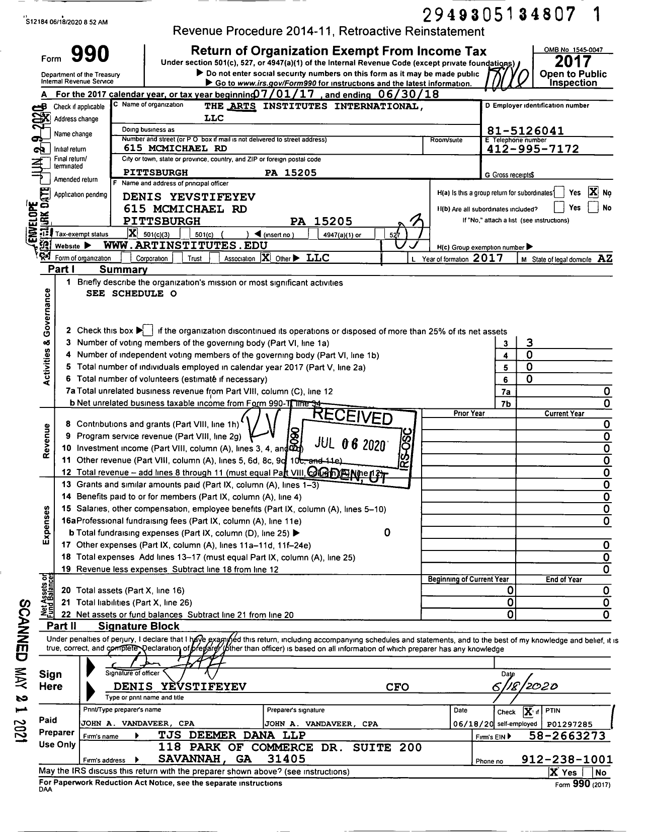 Image of first page of 2017 Form 990 for Arts Institute International LLC