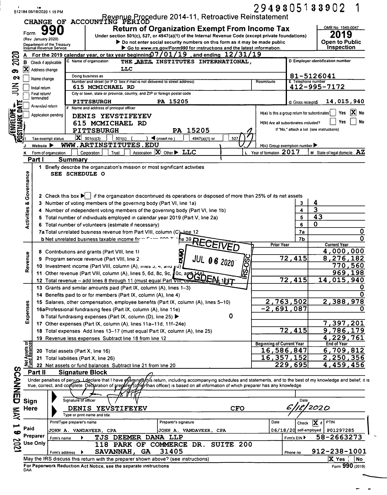 Image of first page of 2019 Form 990 for Arts Institute International LLC