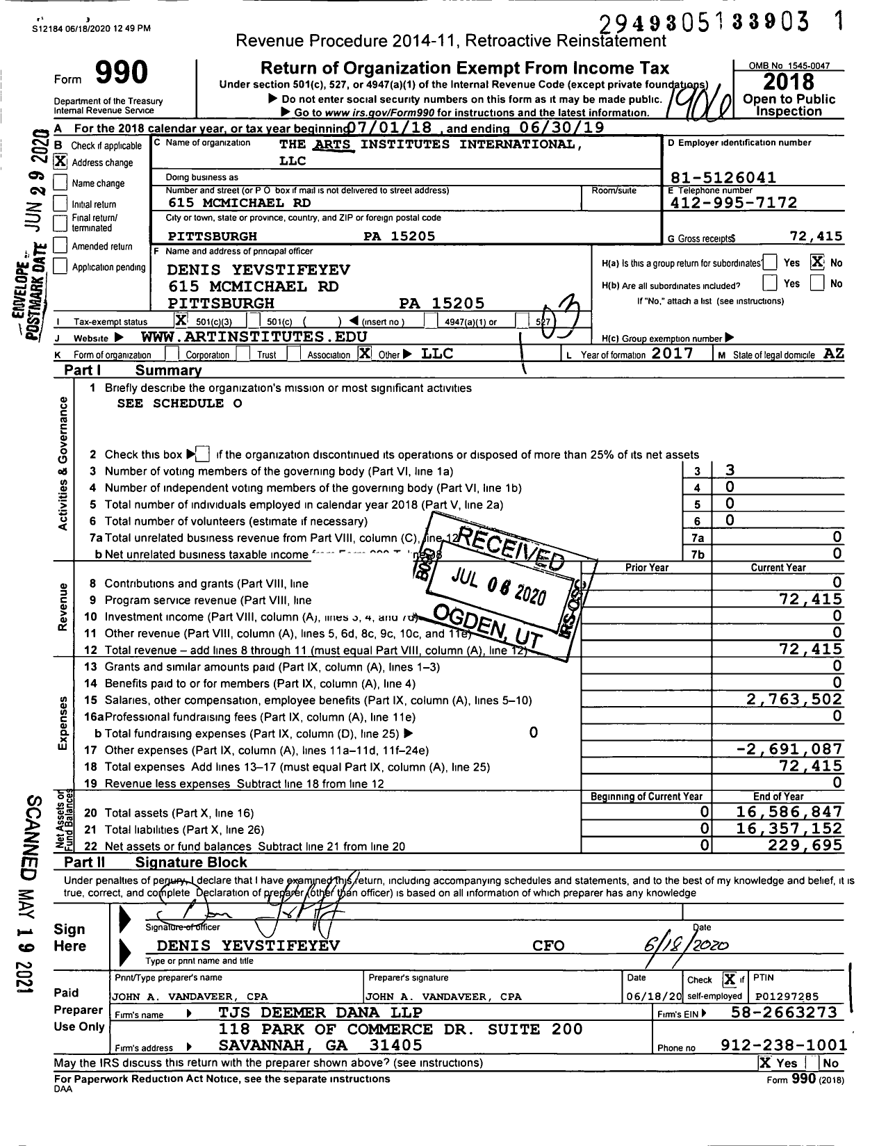Image of first page of 2018 Form 990 for Arts Institute International LLC