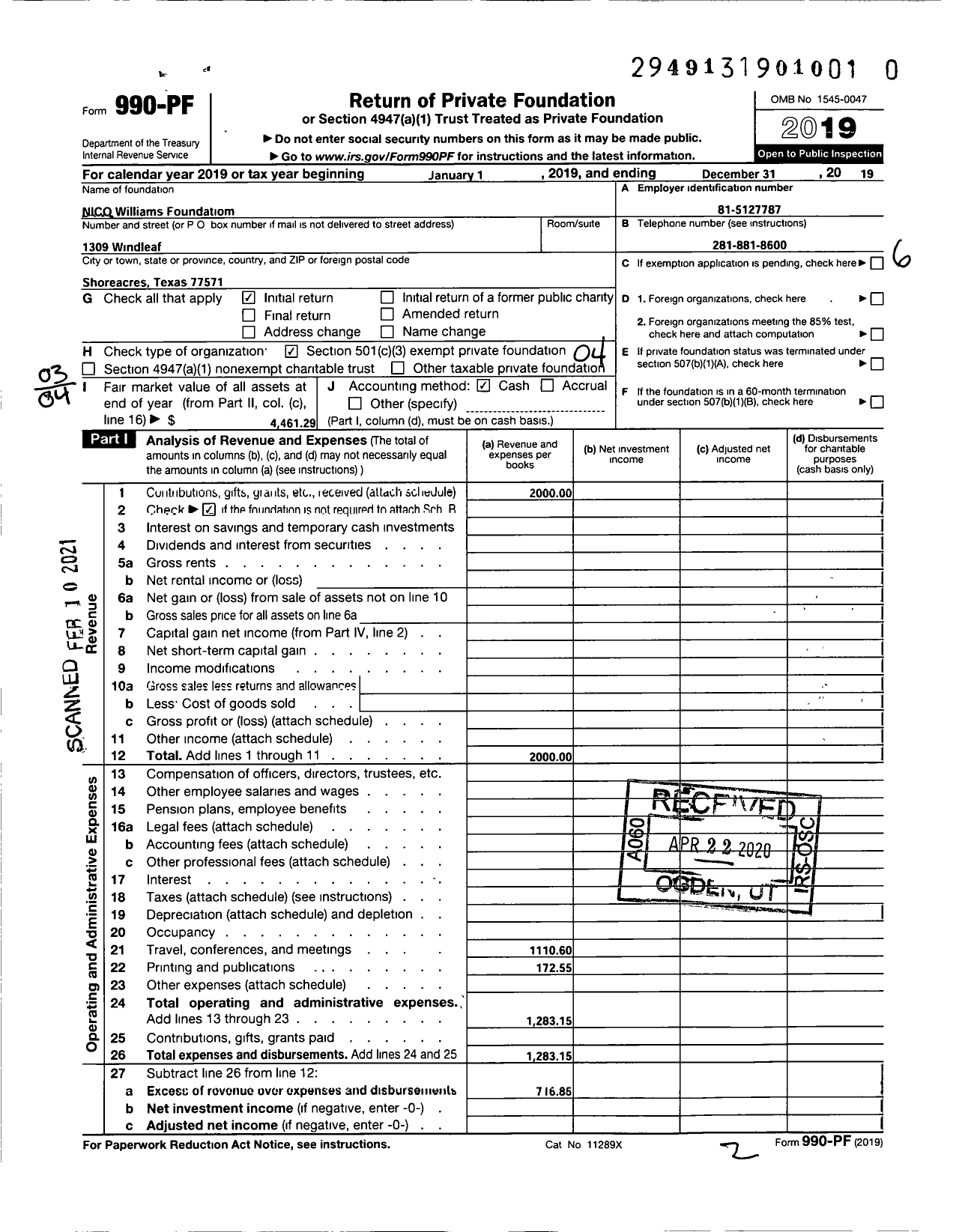 Image of first page of 2019 Form 990PF for Nico Williams Foundation