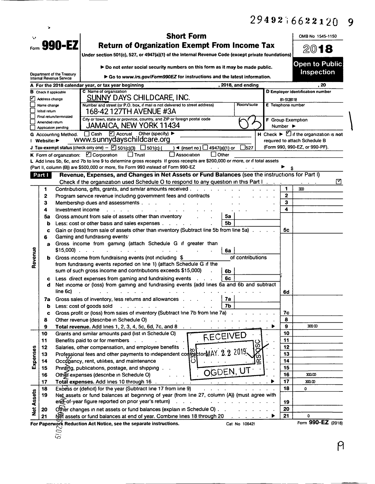 Image of first page of 2018 Form 990EZ for Sunny Days Childcare