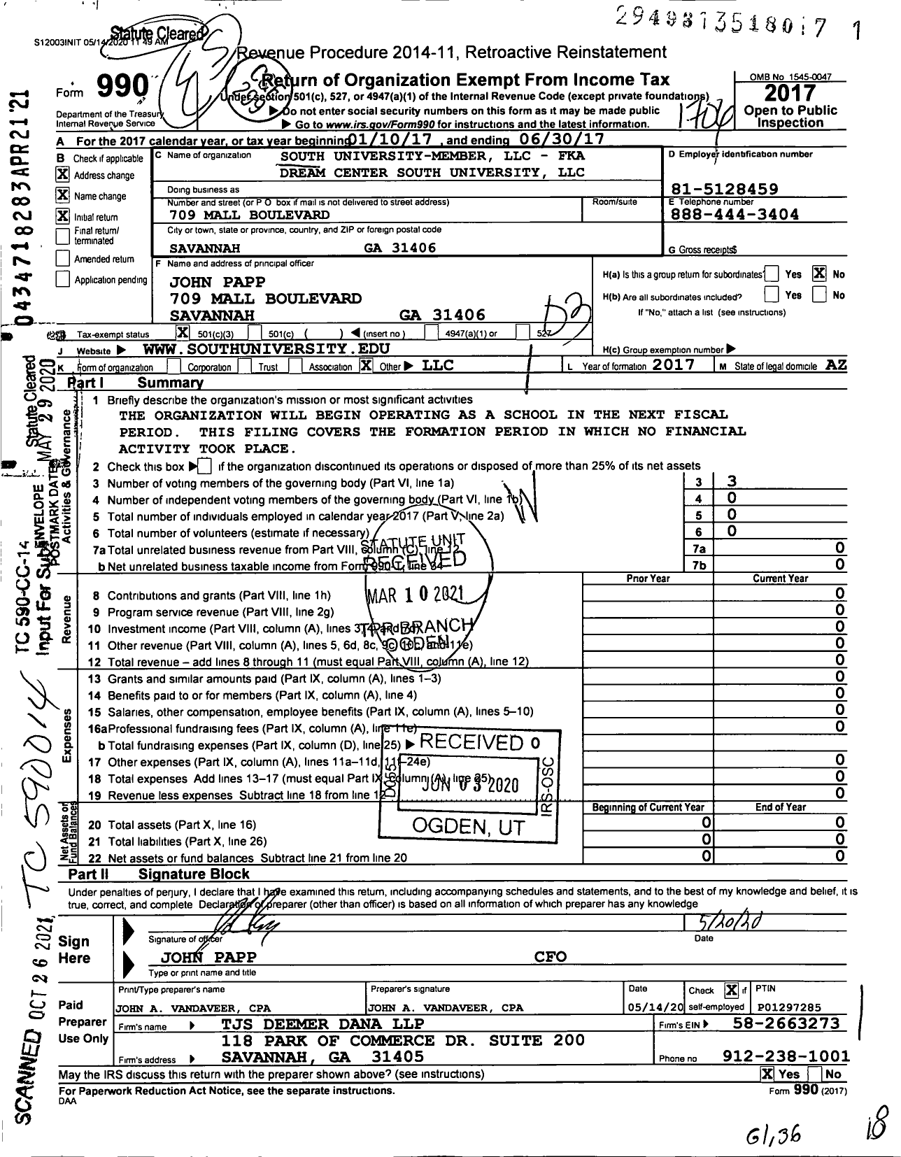 Image of first page of 2016 Form 990 for South University-Member LLC