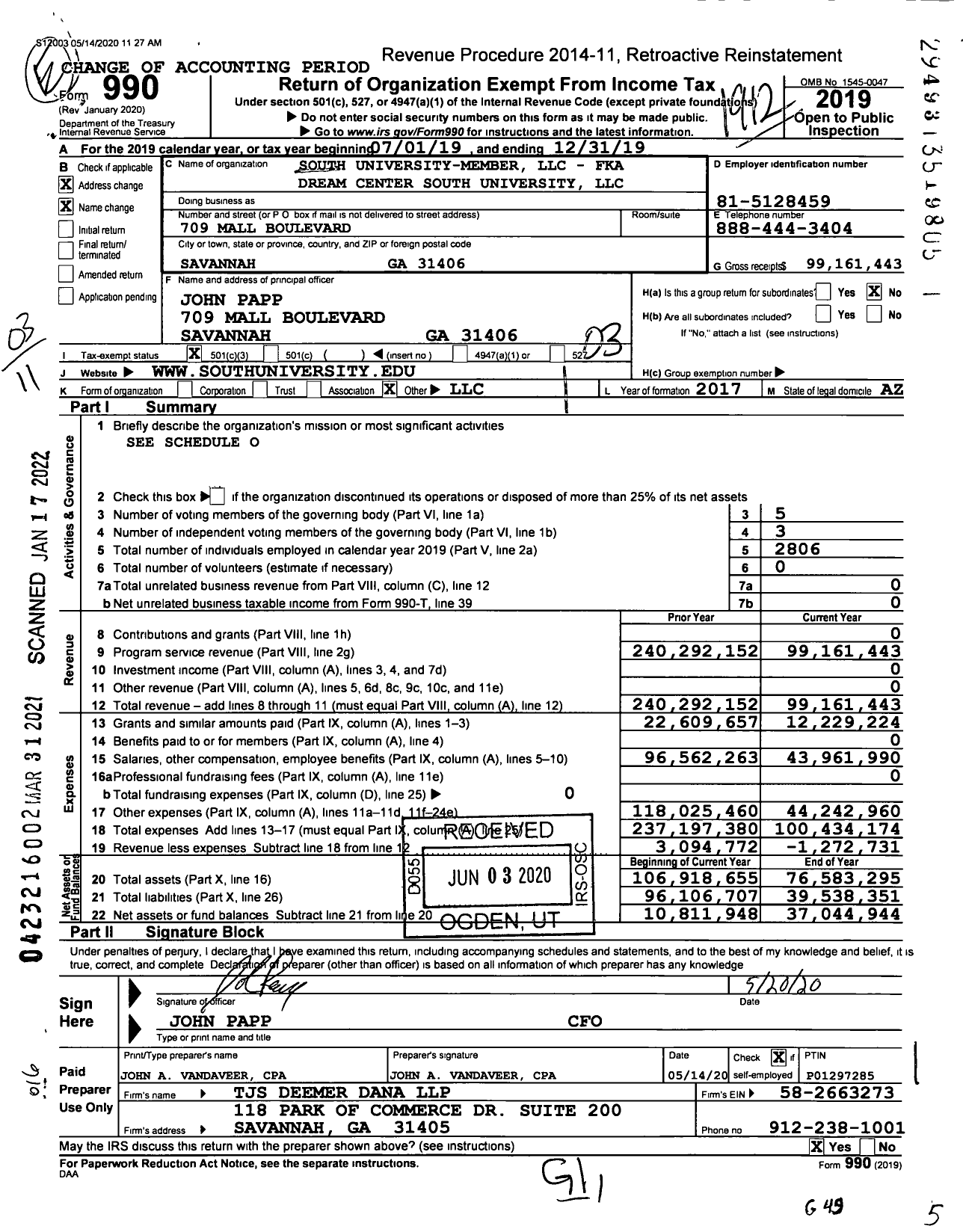 Image of first page of 2019 Form 990 for South University-Member LLC