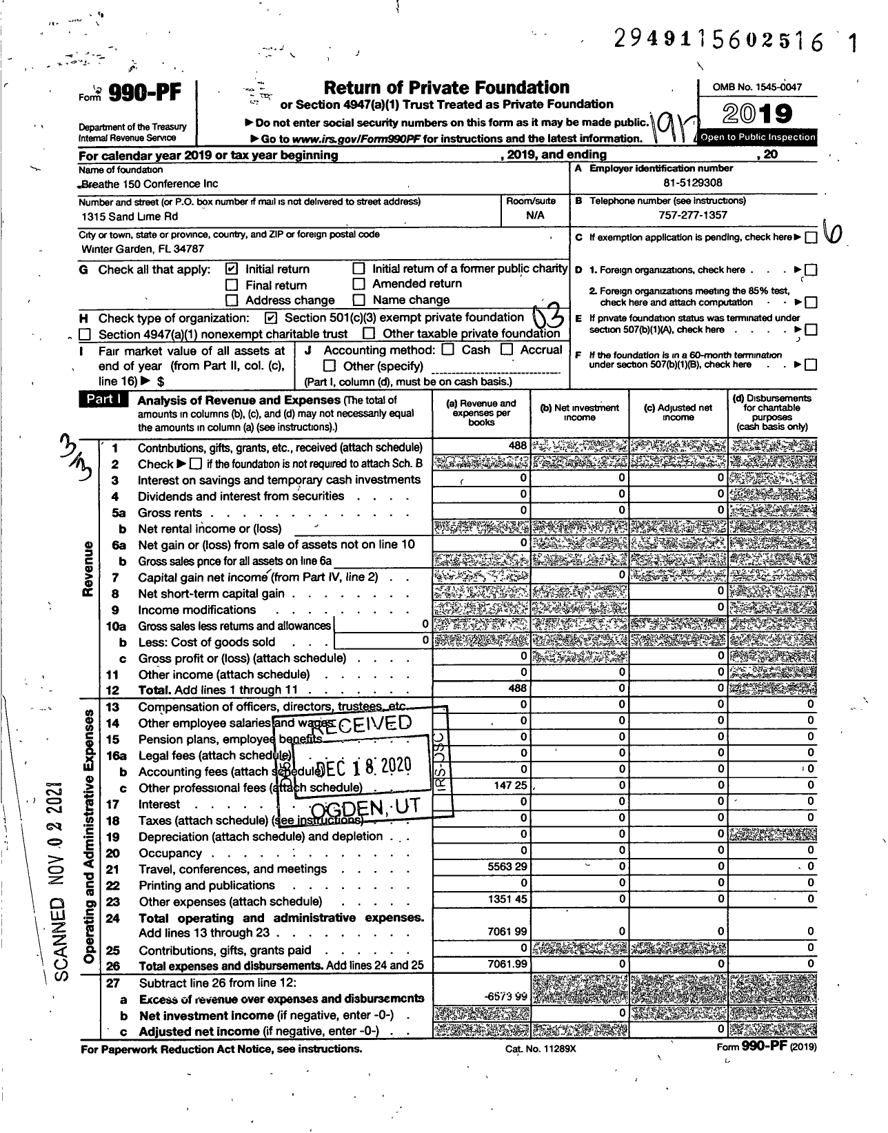 Image of first page of 2019 Form 990PF for Breathe 150 Conference