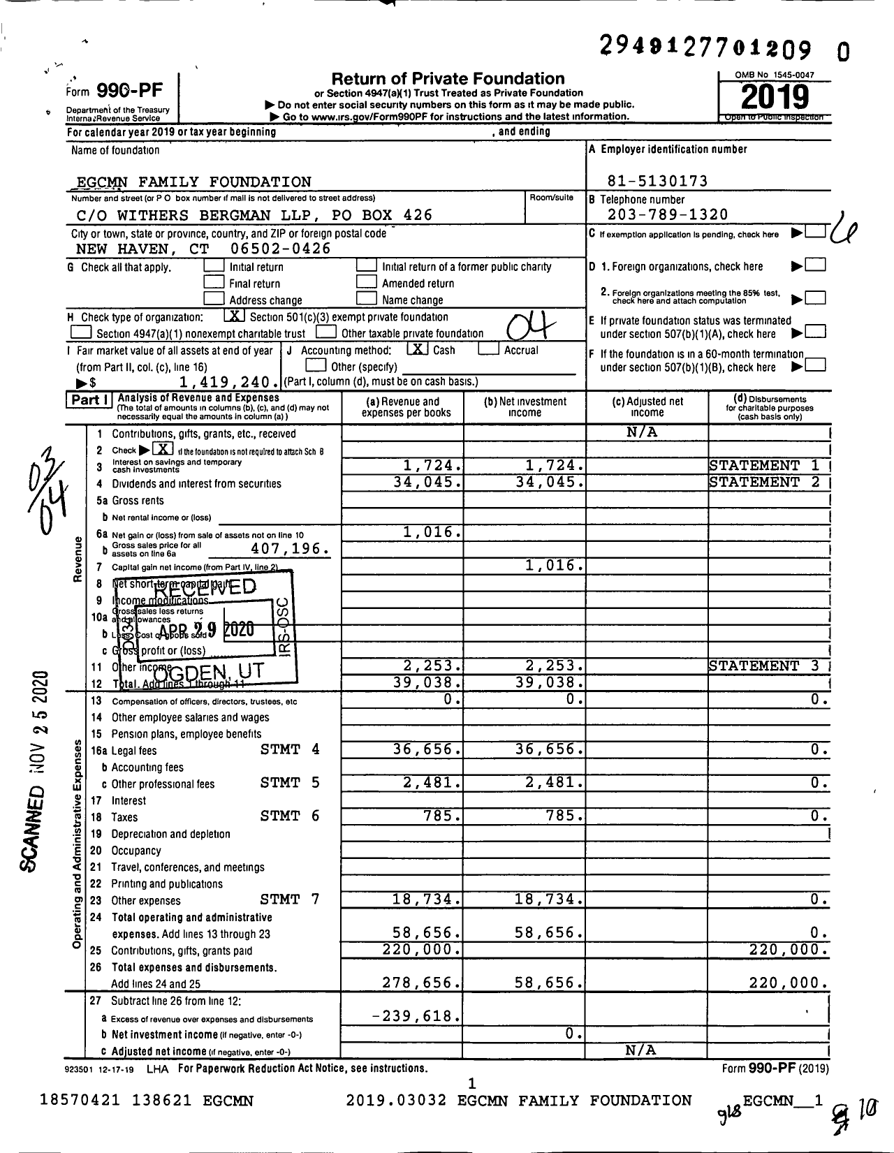 Image of first page of 2019 Form 990PF for Egcmn Family Foundation