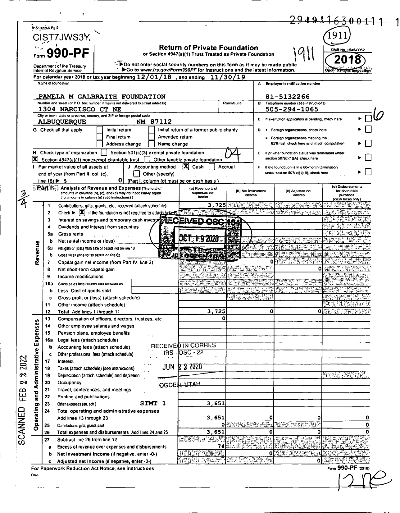 Image of first page of 2018 Form 990PF for Pamela M Galbraith Foundation