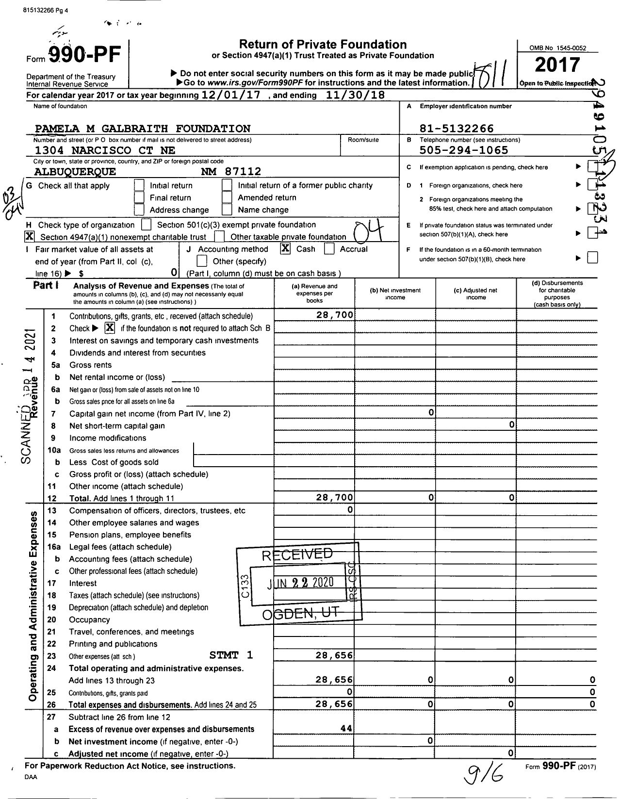 Image of first page of 2017 Form 990PF for Pamela M Galbraith Foundation