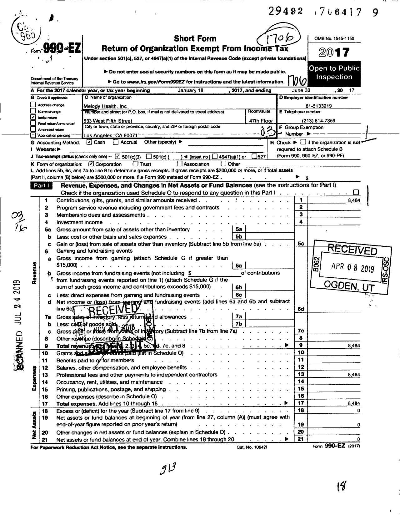 Image of first page of 2016 Form 990EZ for Melody Health