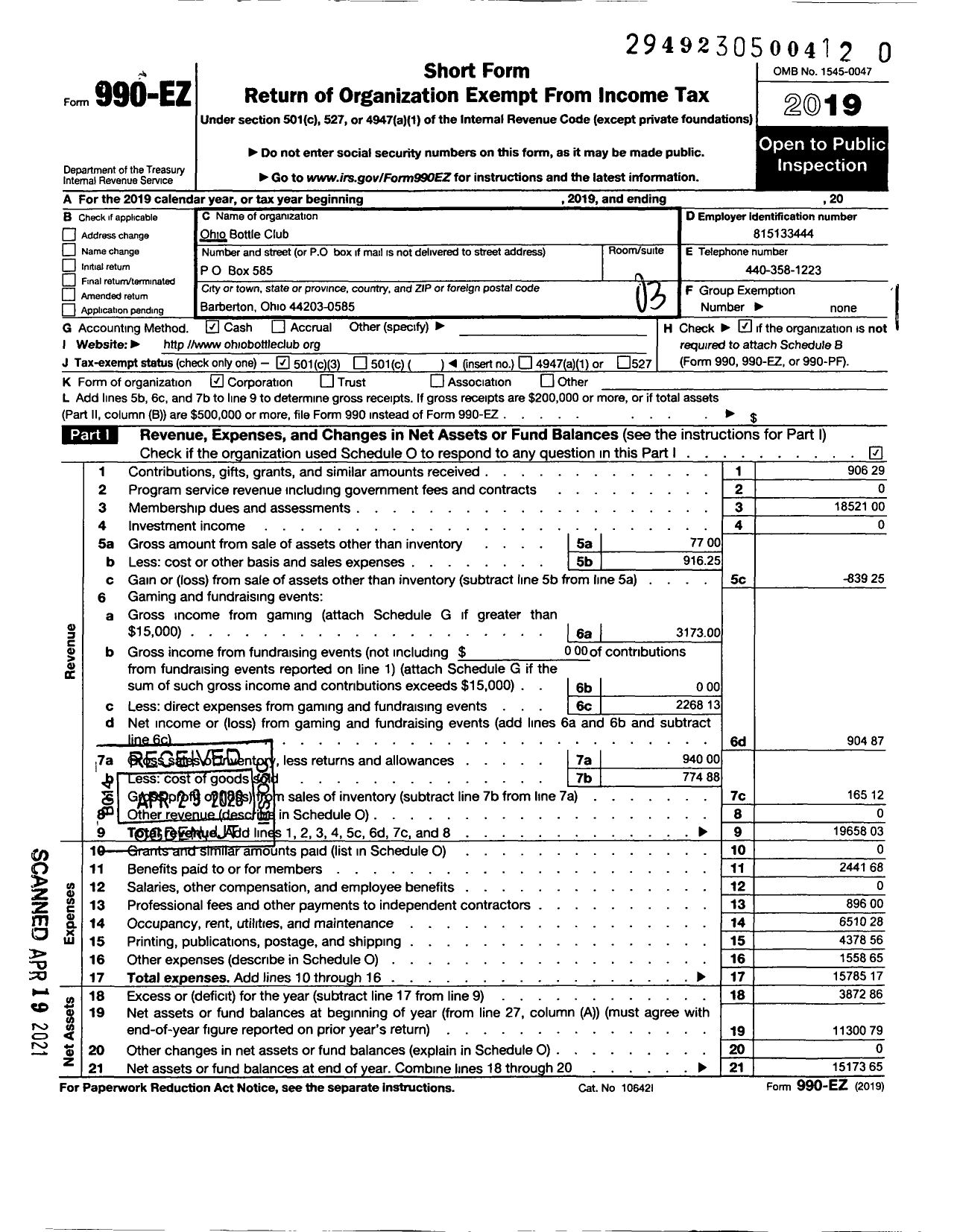 Image of first page of 2019 Form 990EZ for Ohio Bottle Club