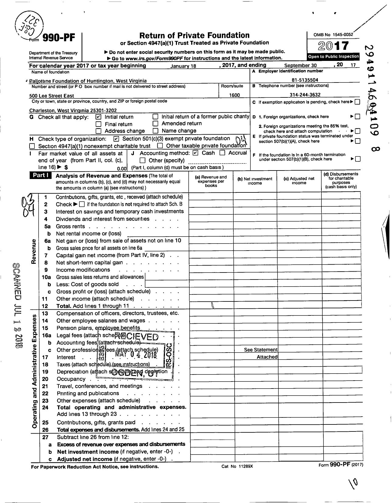 Image of first page of 2016 Form 990PF for Pallottine Foundation of Huntington West Virginia
