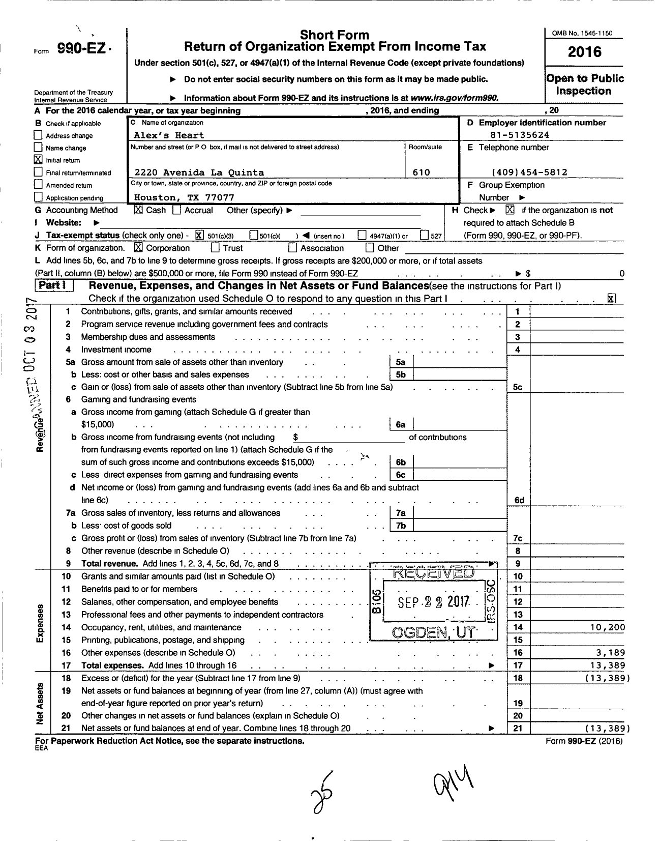 Image of first page of 2016 Form 990EZ for Alex Heart