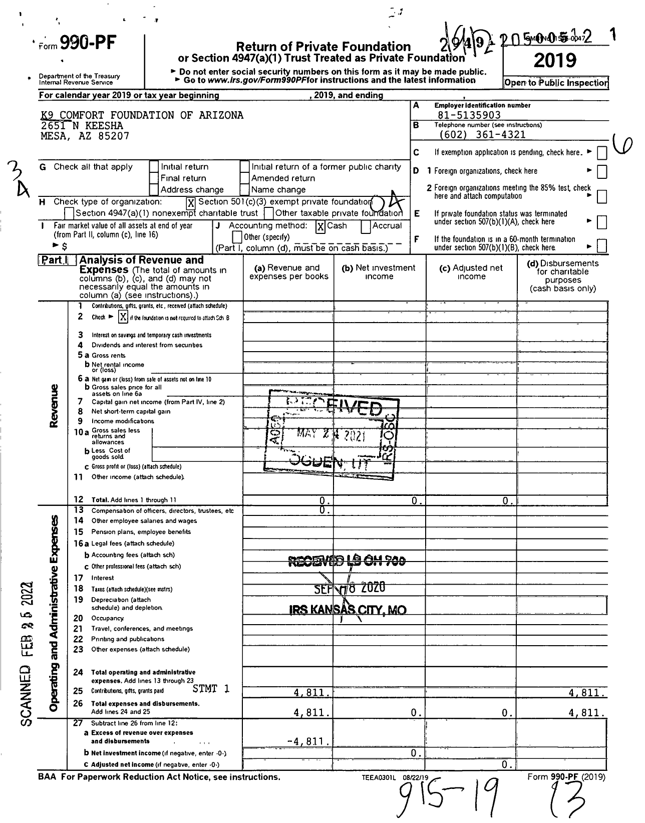 Image of first page of 2019 Form 990PF for K9 Comfort Foundation of Arizona