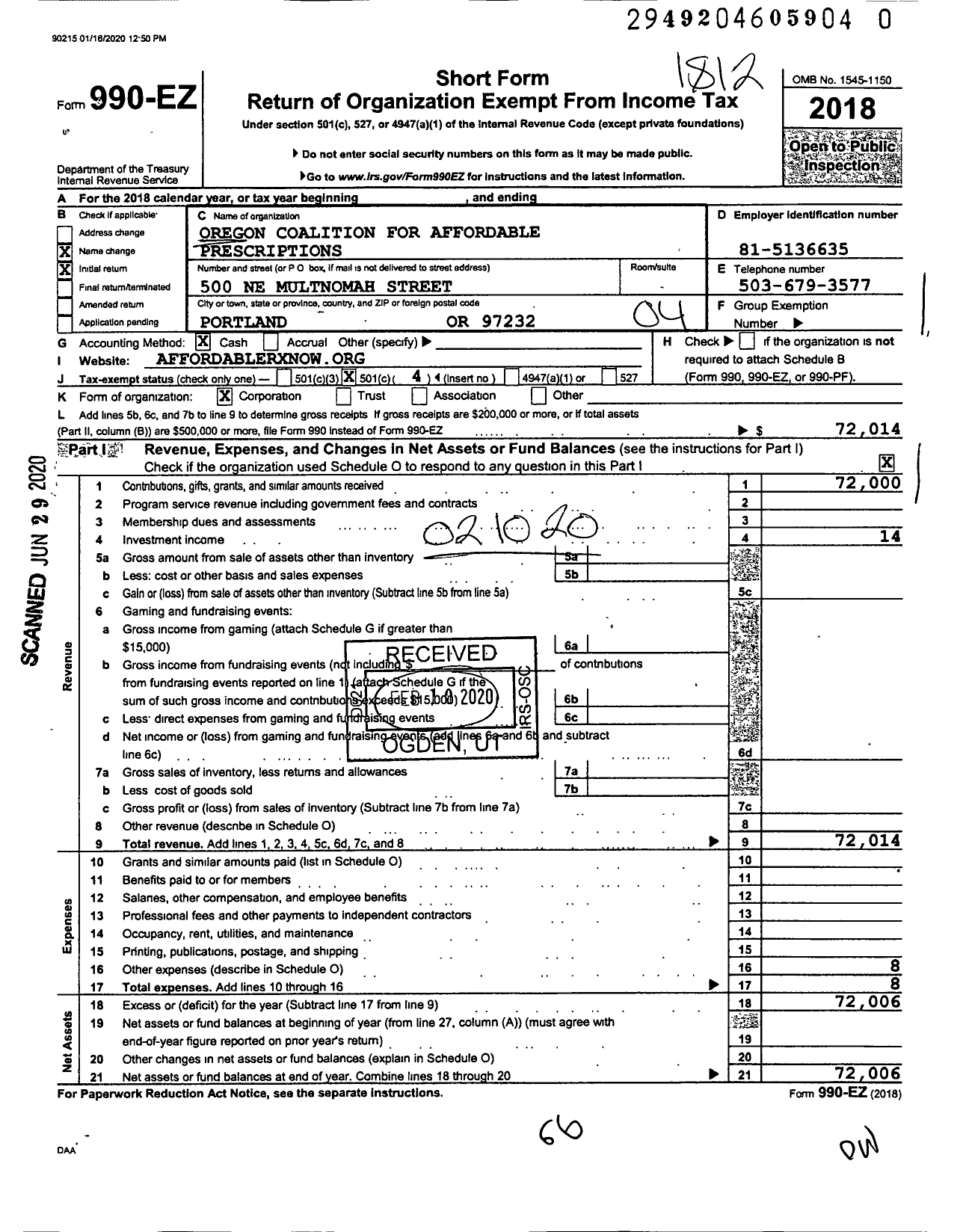 Image of first page of 2018 Form 990EO for Oregon Coalition for Affordable Prescriptions