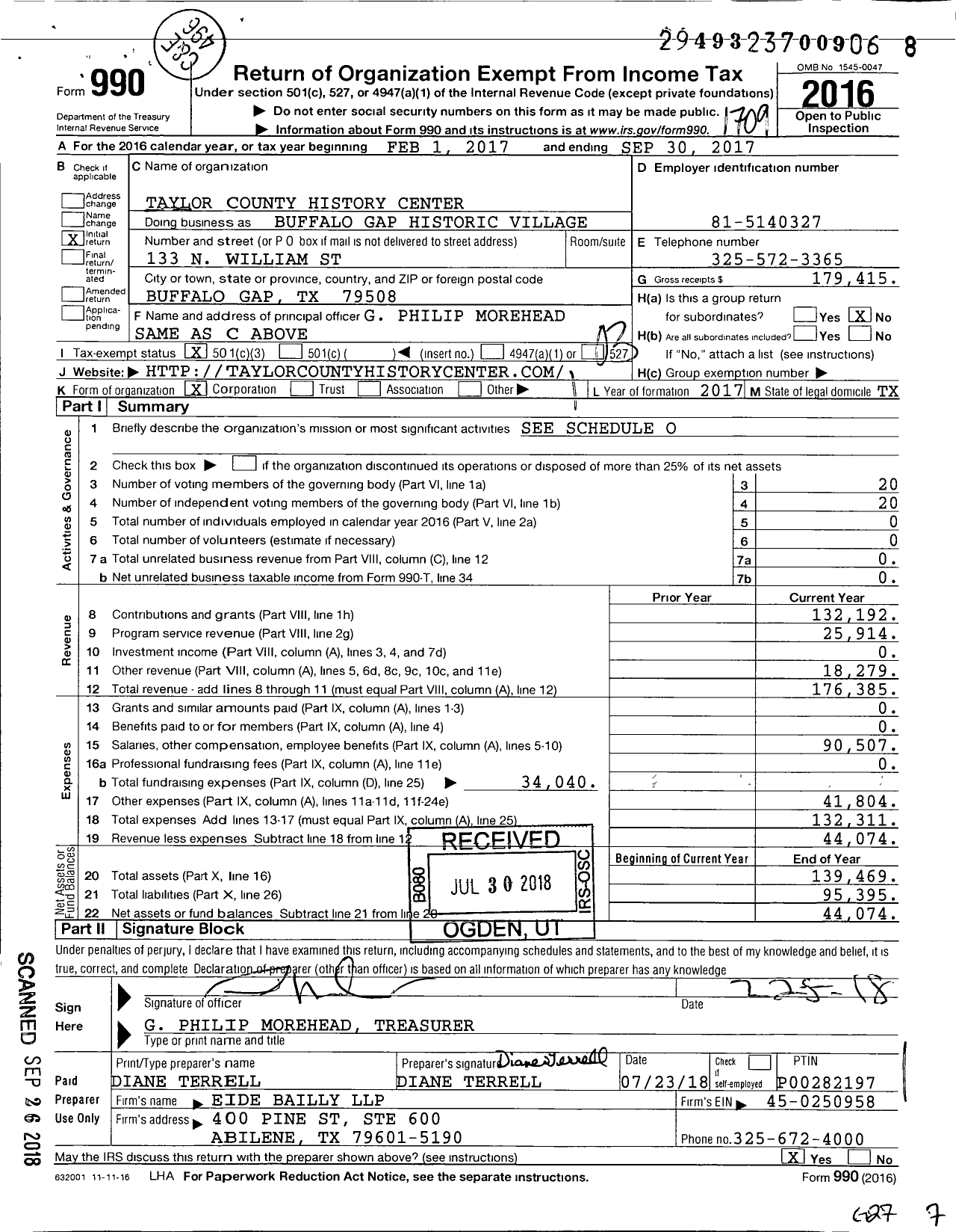 Image of first page of 2016 Form 990 for Taylor County History Center