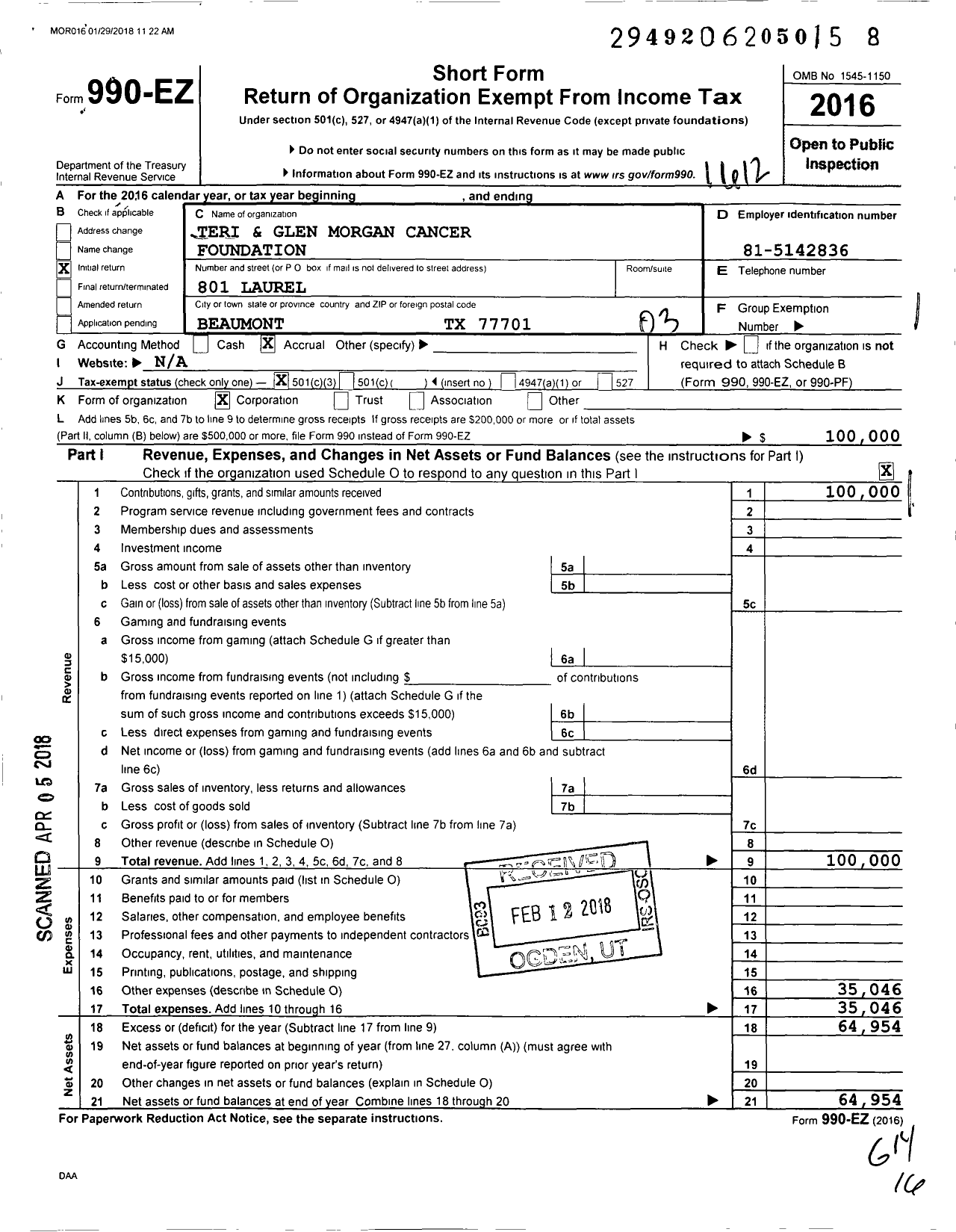 Image of first page of 2016 Form 990EZ for Teri and Glen Morgan Cancer Foundation