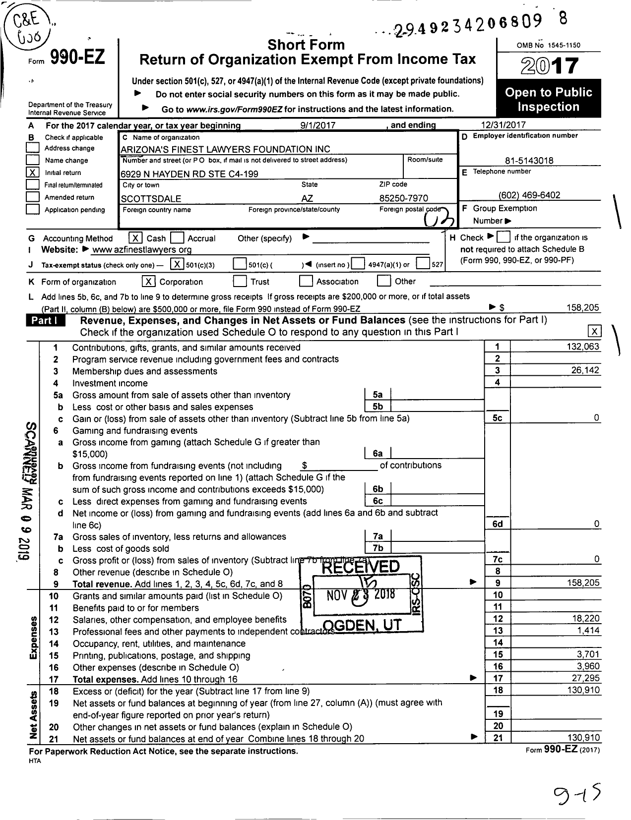 Image of first page of 2017 Form 990EZ for Arizona's Finest Lawyers Foundation