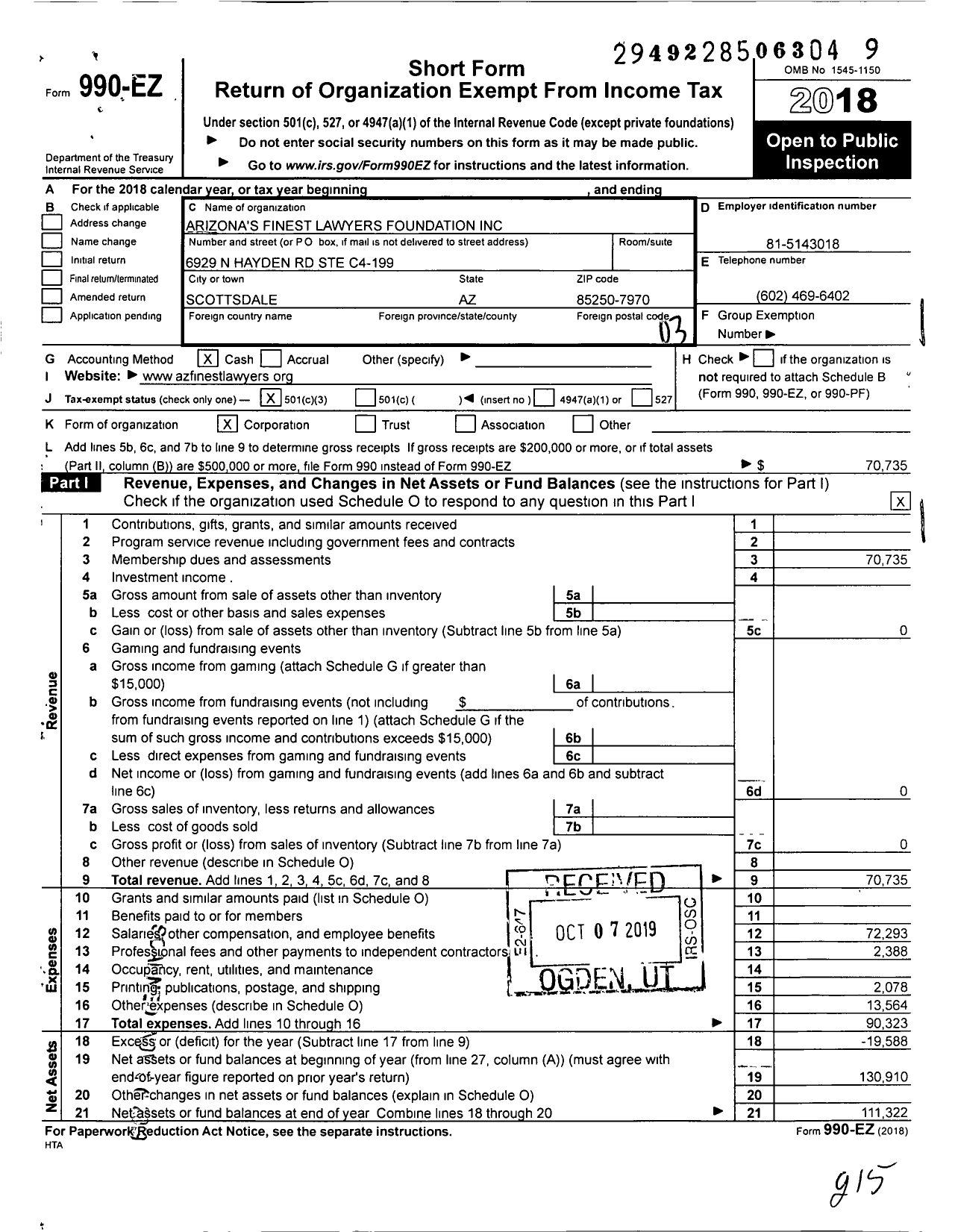 Image of first page of 2018 Form 990EZ for Arizona's Finest Lawyers Foundation