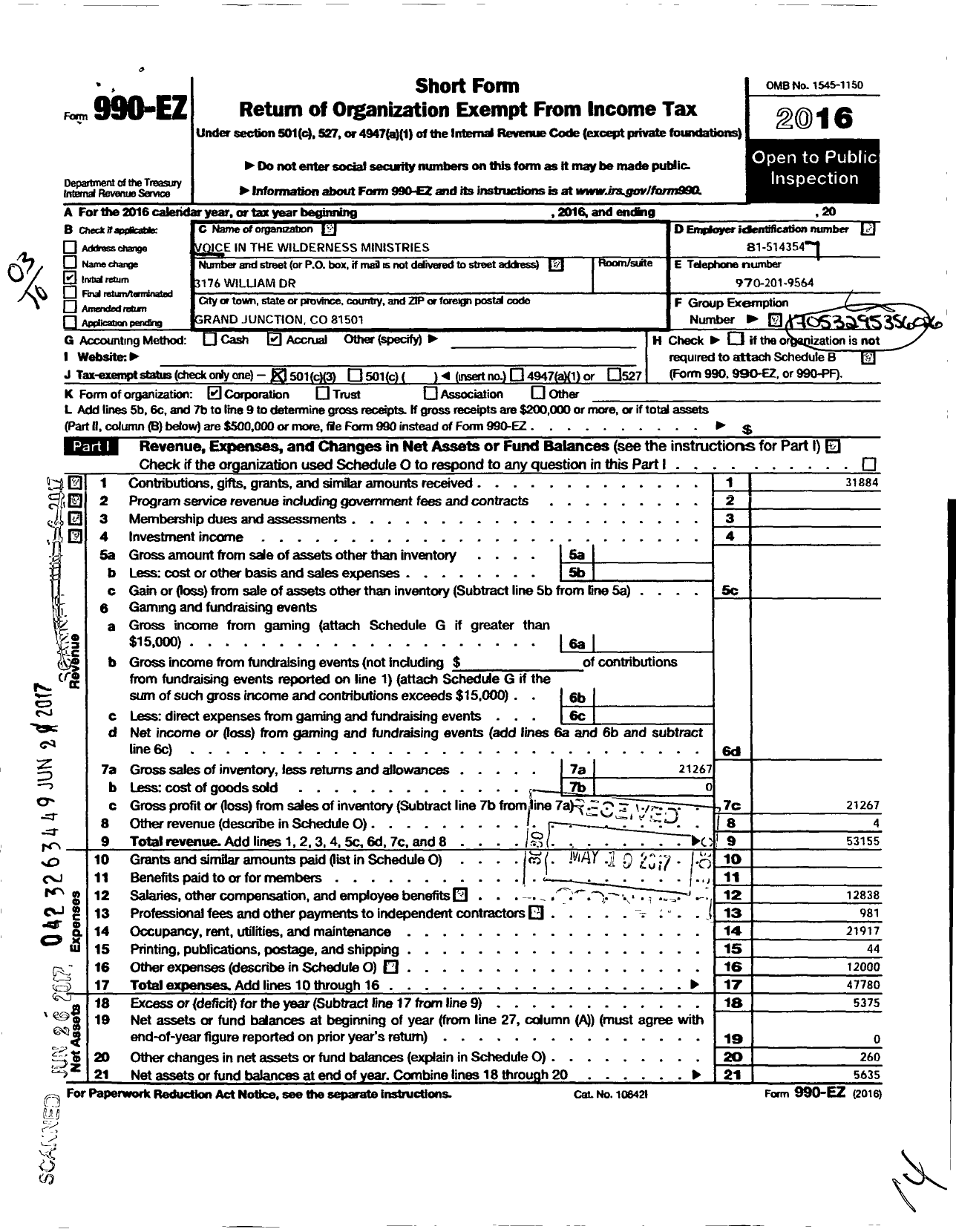 Image of first page of 2016 Form 990EZ for Voice in the Wilderness Ministries / Renewed Thrift Mart