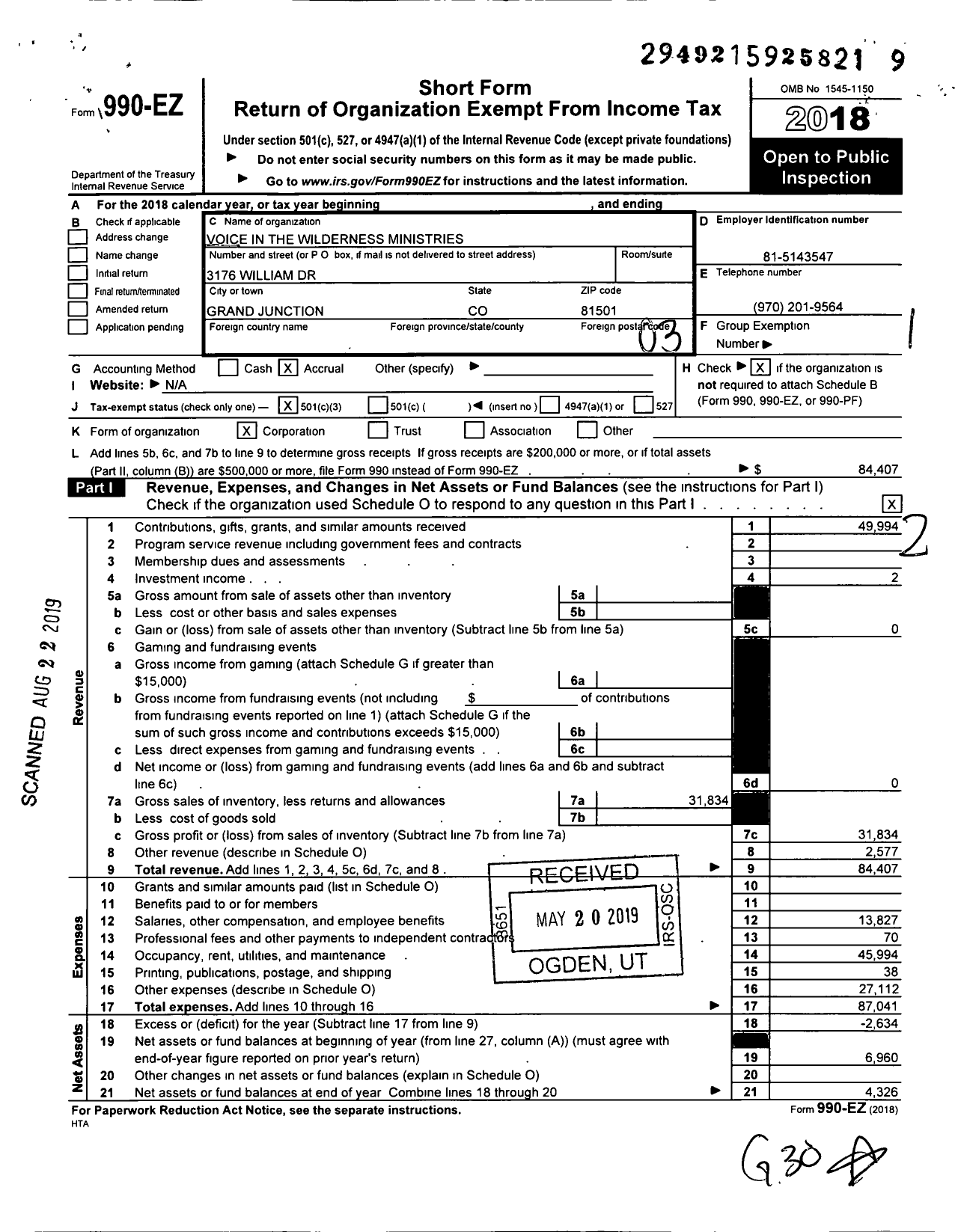 Image of first page of 2018 Form 990EZ for Voice in the Wilderness Ministries / Renewed Thrift Mart