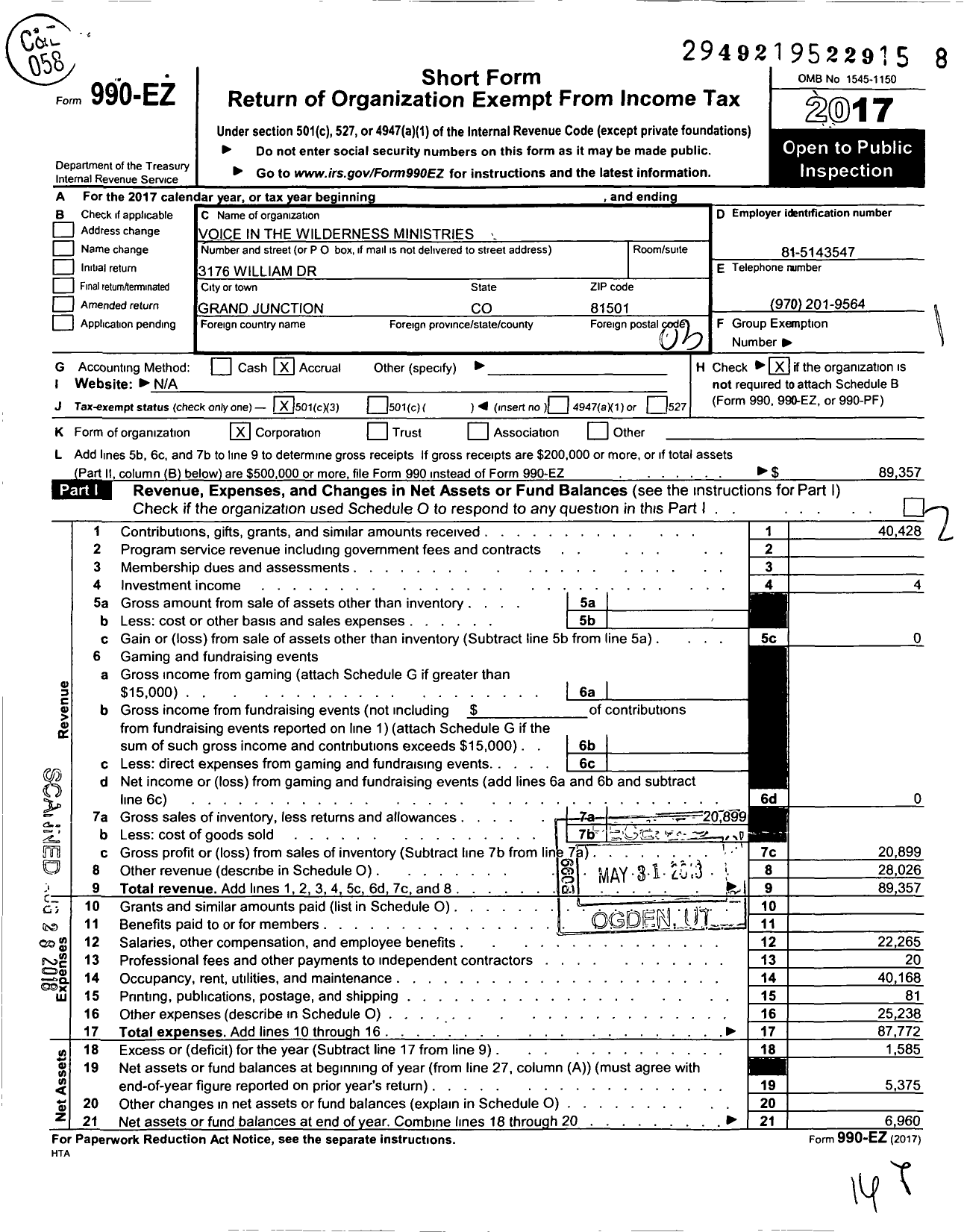 Image of first page of 2017 Form 990EZ for Voice in the Wilderness Ministries / Renewed Thrift Mart