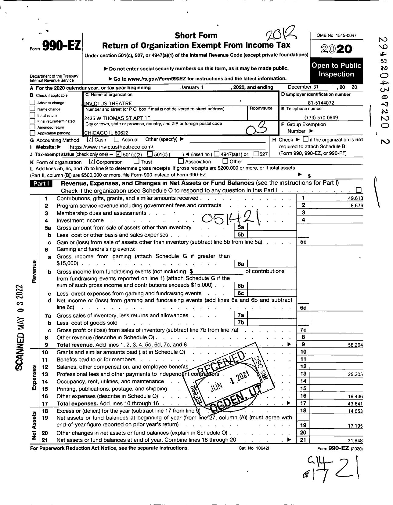 Image of first page of 2020 Form 990EZ for Invictus Theatre