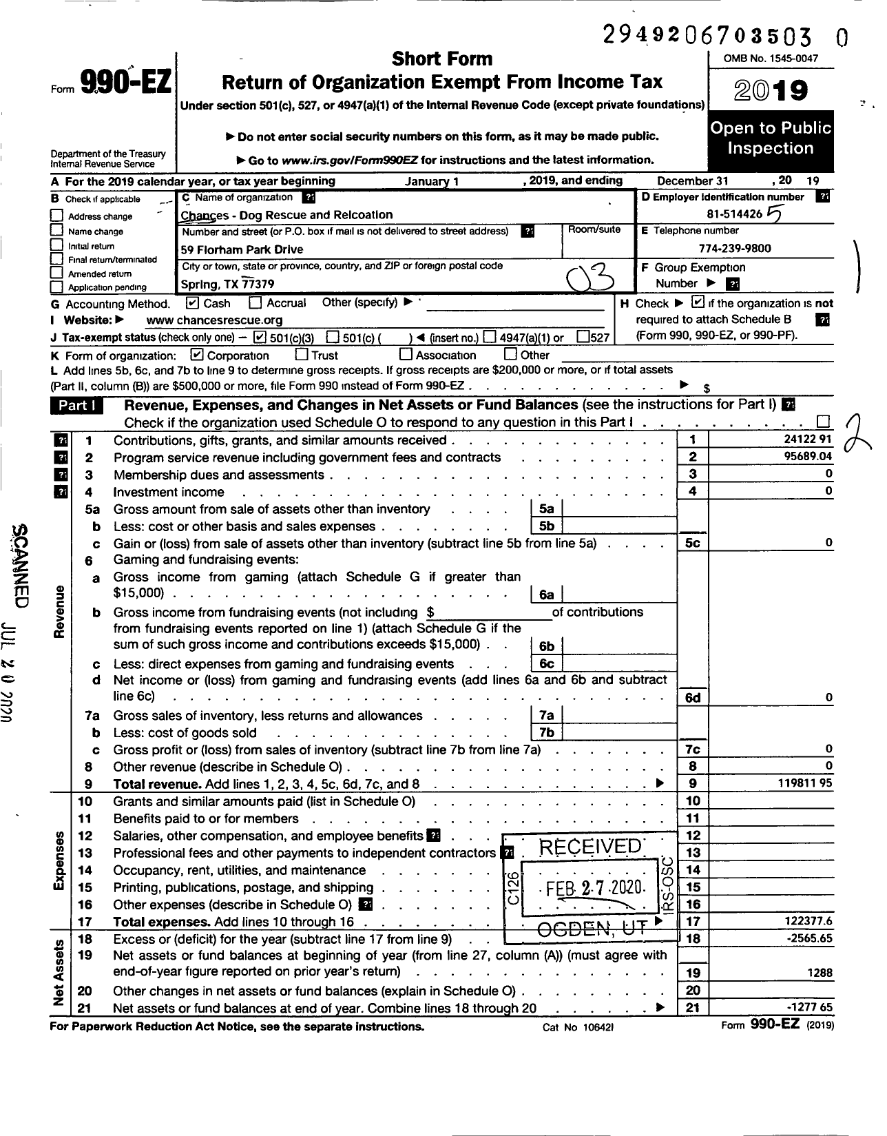 Image of first page of 2019 Form 990EZ for Chances - Dog Rescue and Relocation