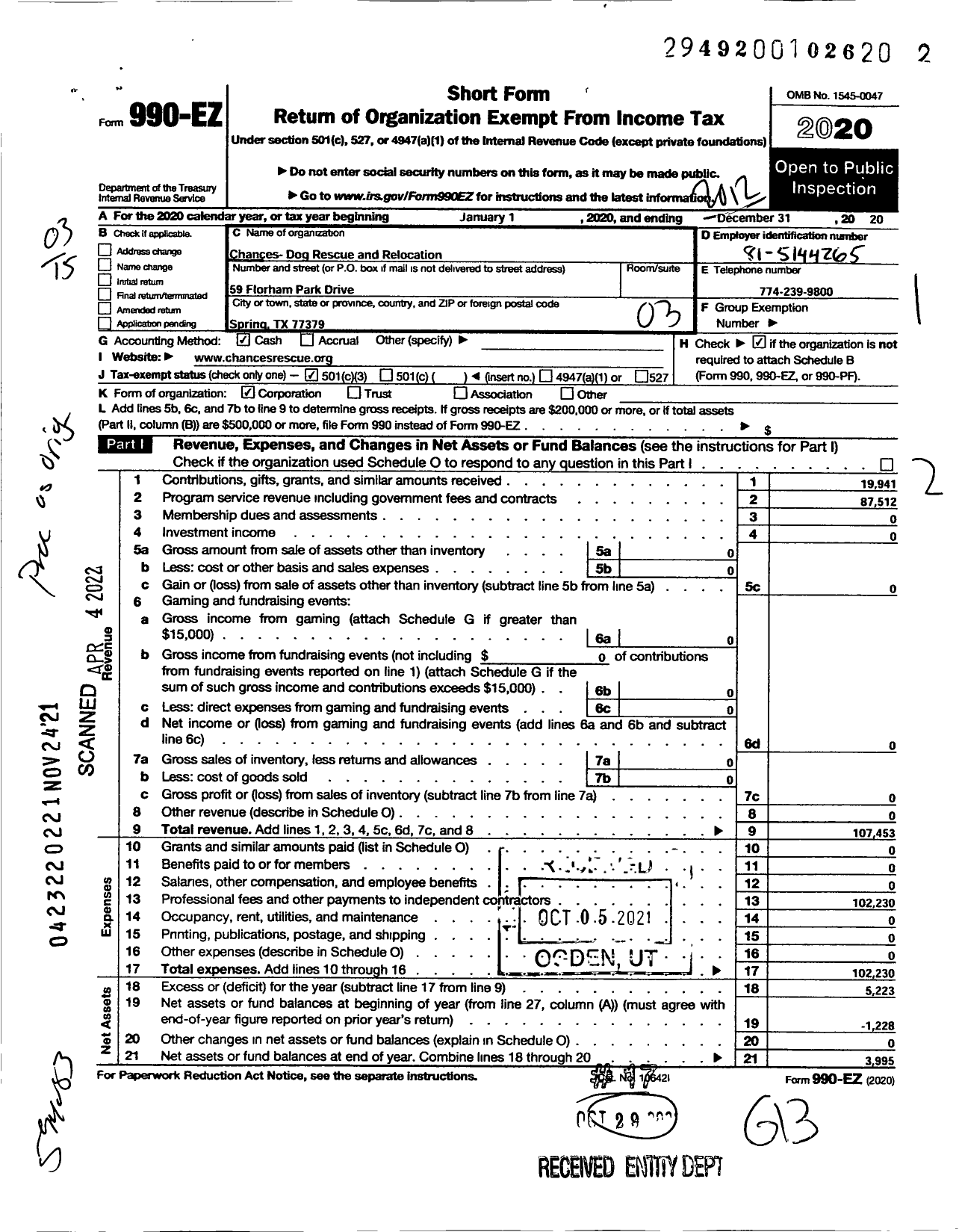 Image of first page of 2020 Form 990EZ for Chances - Dog Rescue and Relocation