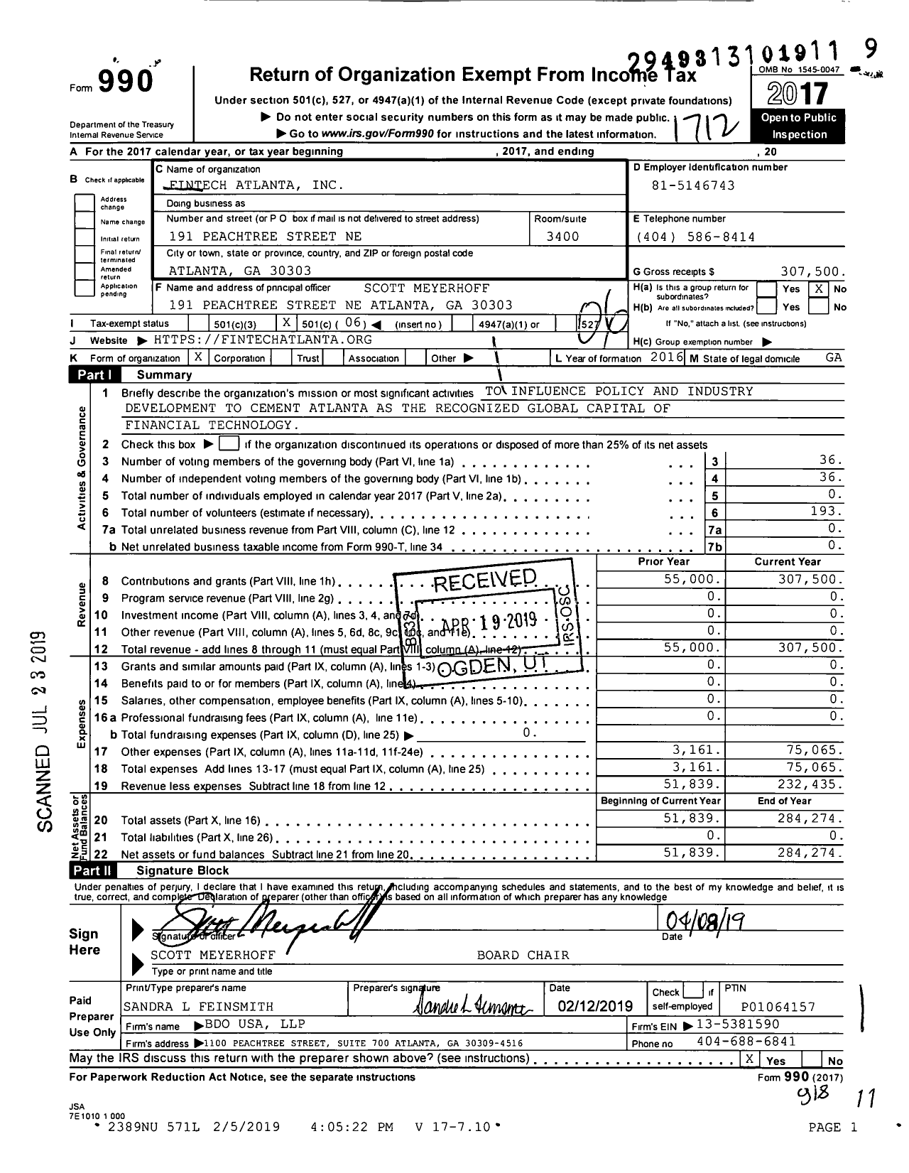 Image of first page of 2017 Form 990O for FinTech Atlanta