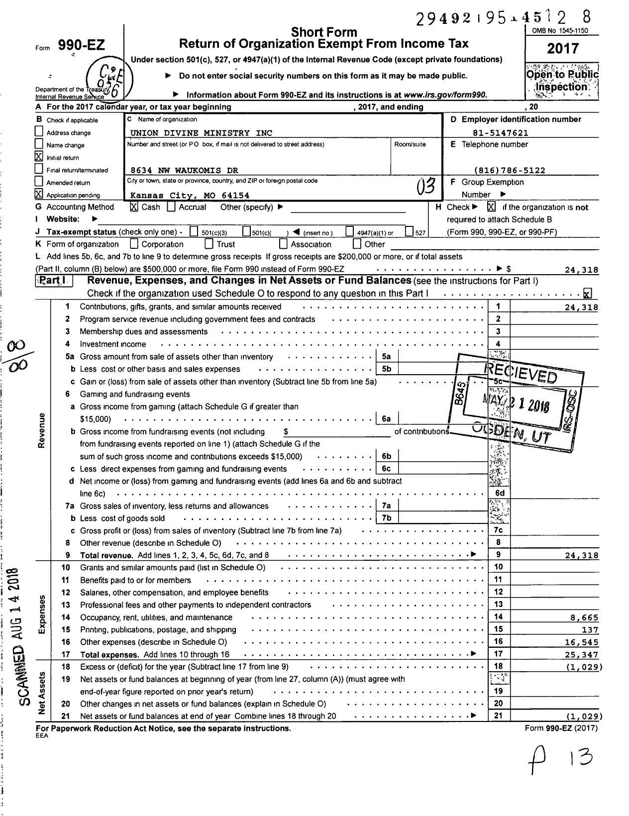 Image of first page of 2017 Form 990EZ for Union Divine Ministry