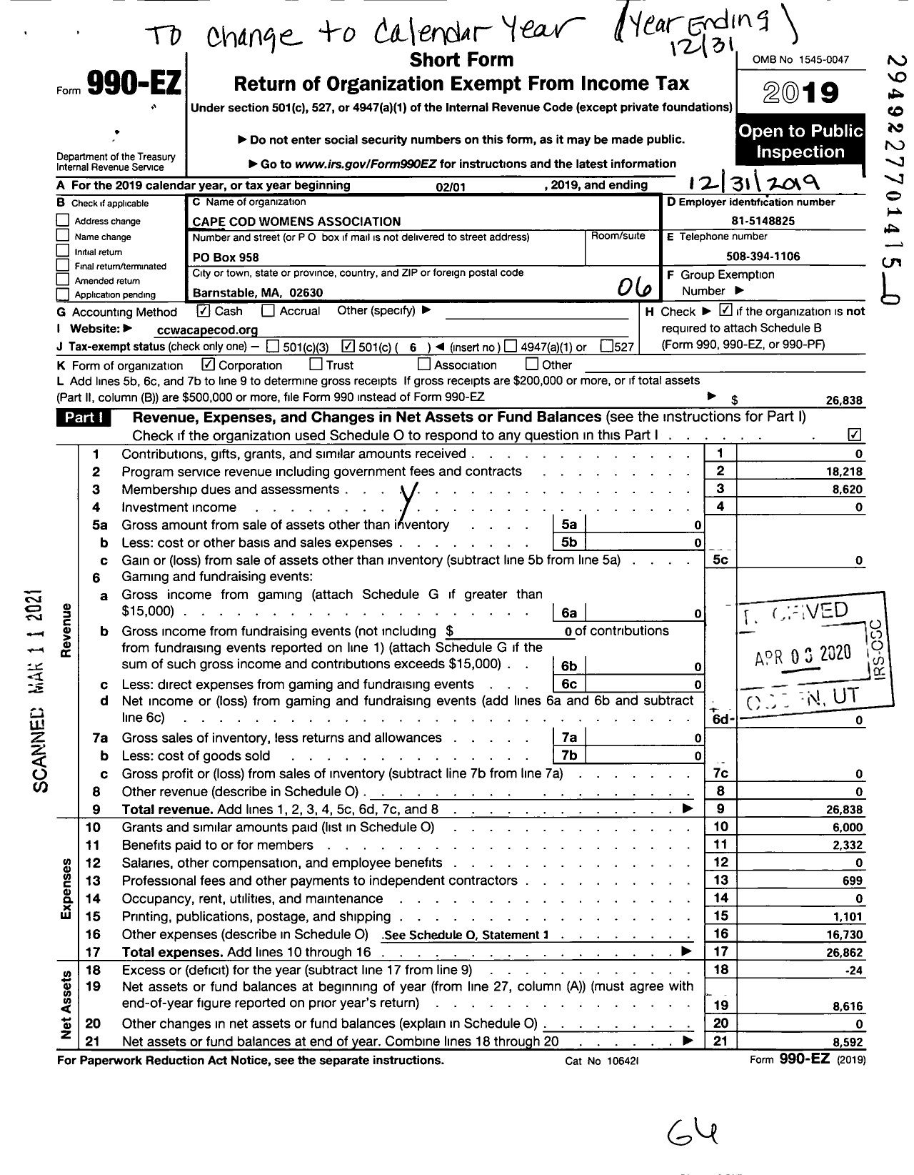 Image of first page of 2019 Form 990EO for Cape Cod Womens Association