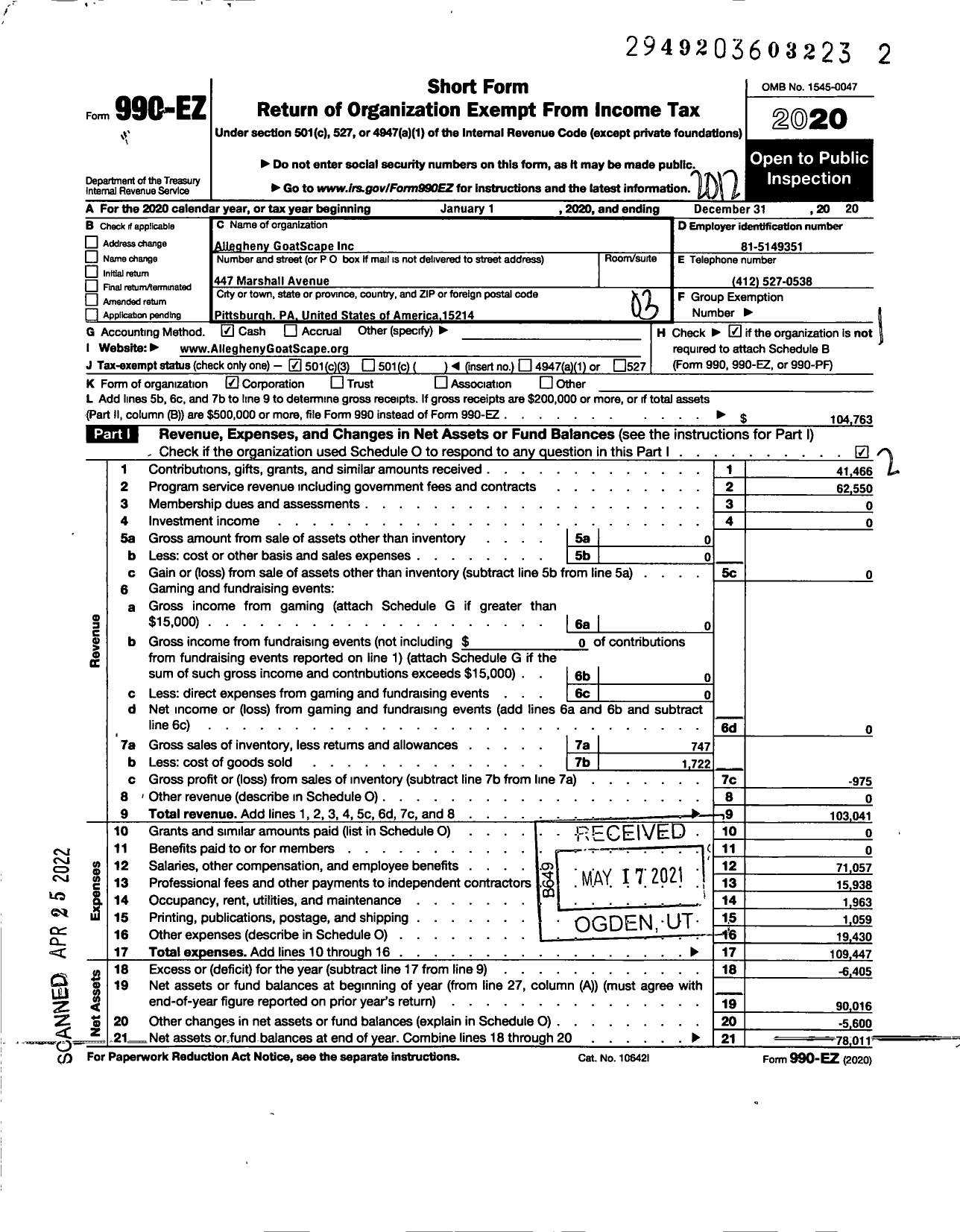 Image of first page of 2020 Form 990EZ for Allegheny Goatscape