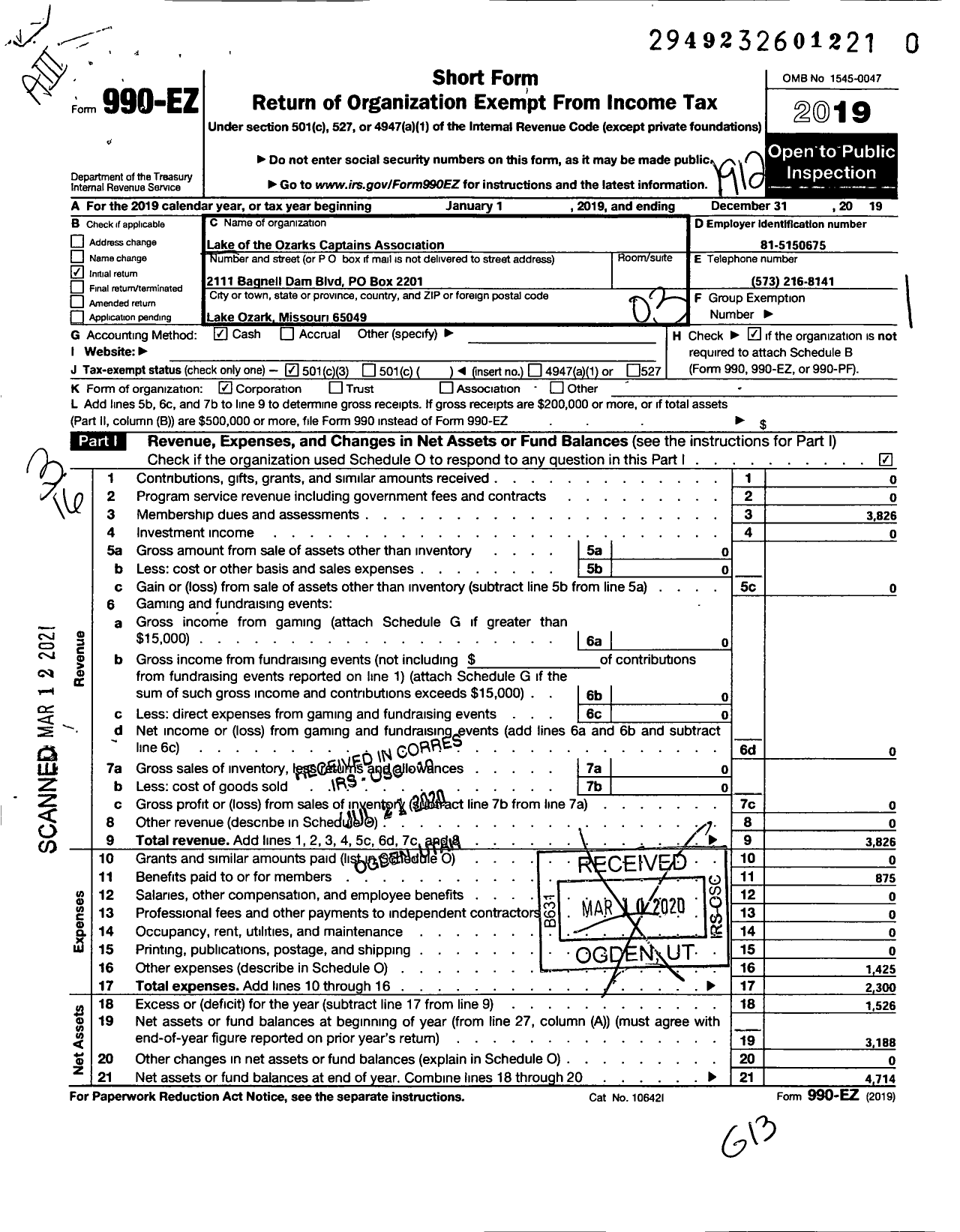 Image of first page of 2019 Form 990EZ for Captains Association of Missouri